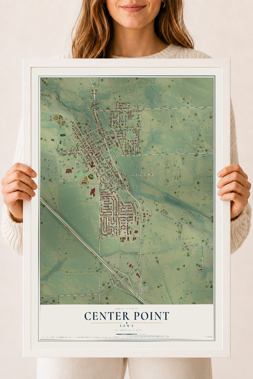 Map of Center Point, Iowa, 18 x 24 inch print in a white wood frame