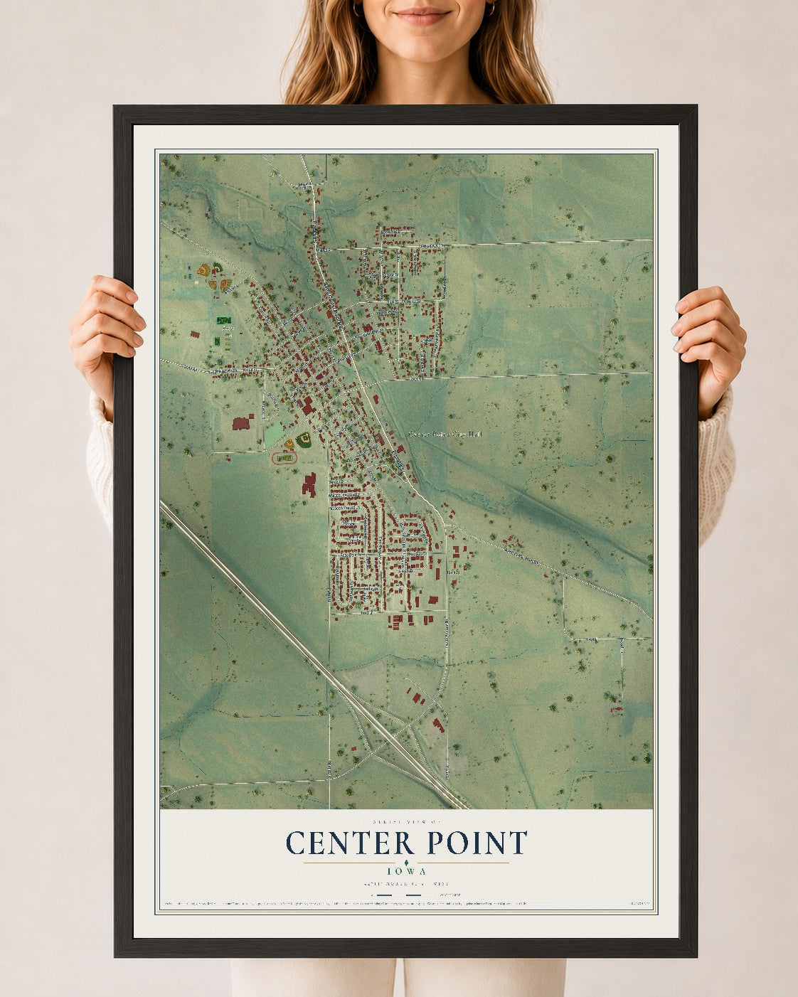 Map of Center Point, Iowa, 24 x 36 inch print in a black wood frame