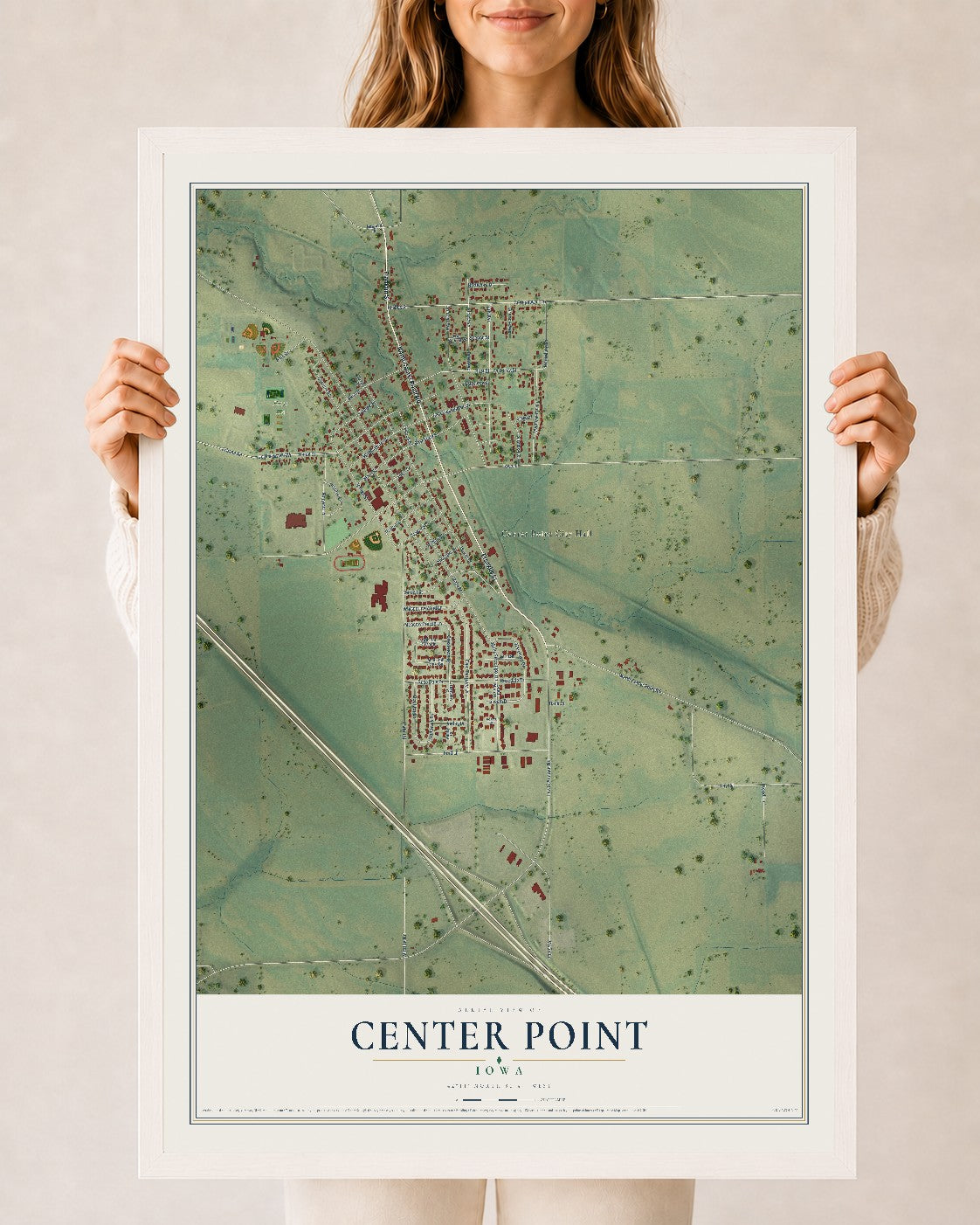 Map of Center Point, Iowa, 24 x 36 inch print in a white wood frame