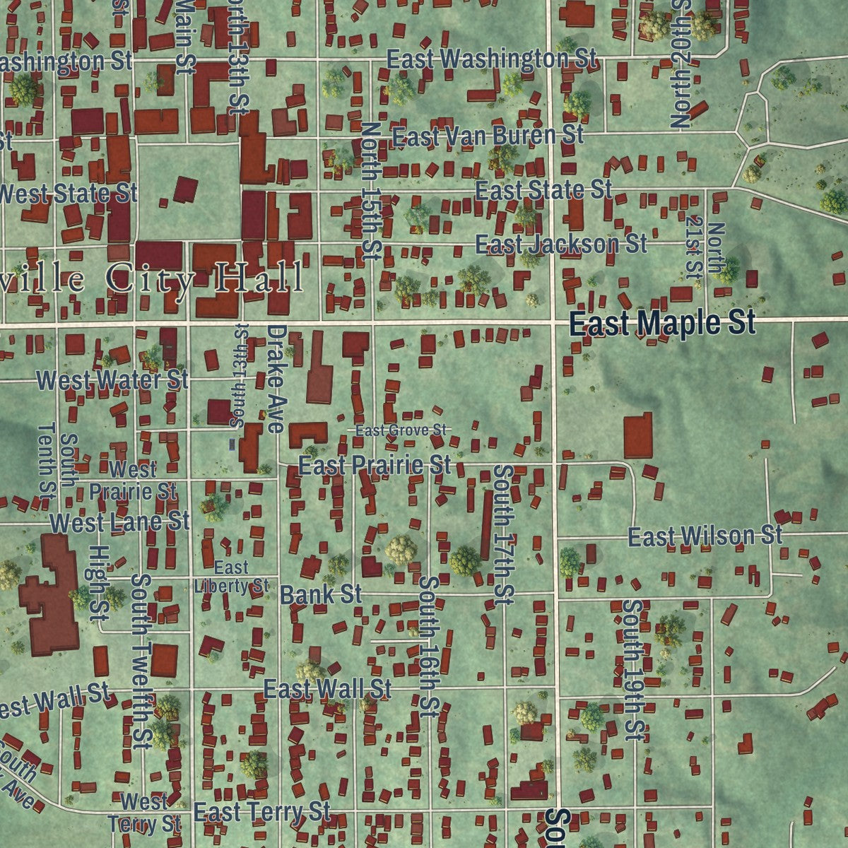 Close-up of the map of Centerville, Iowa print showing street and building detail