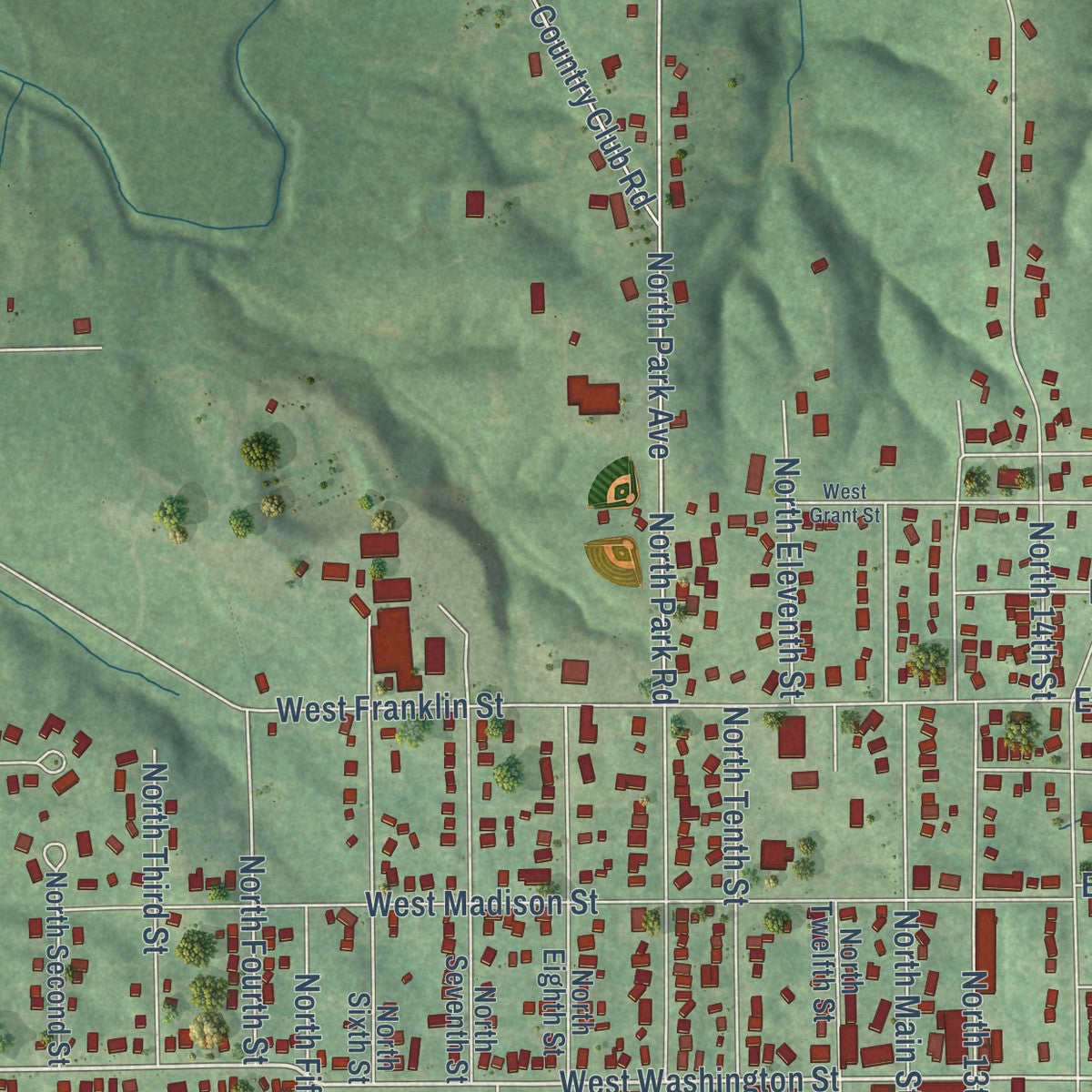 Second close-up of the map of Centerville, Iowa print showing more streets and buildings