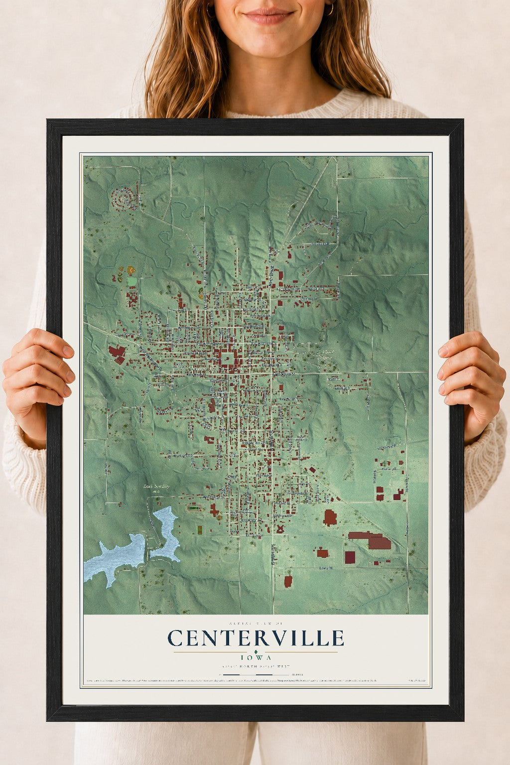 Map of Centerville, Iowa, 18 x 24 inch print in a black wood frame