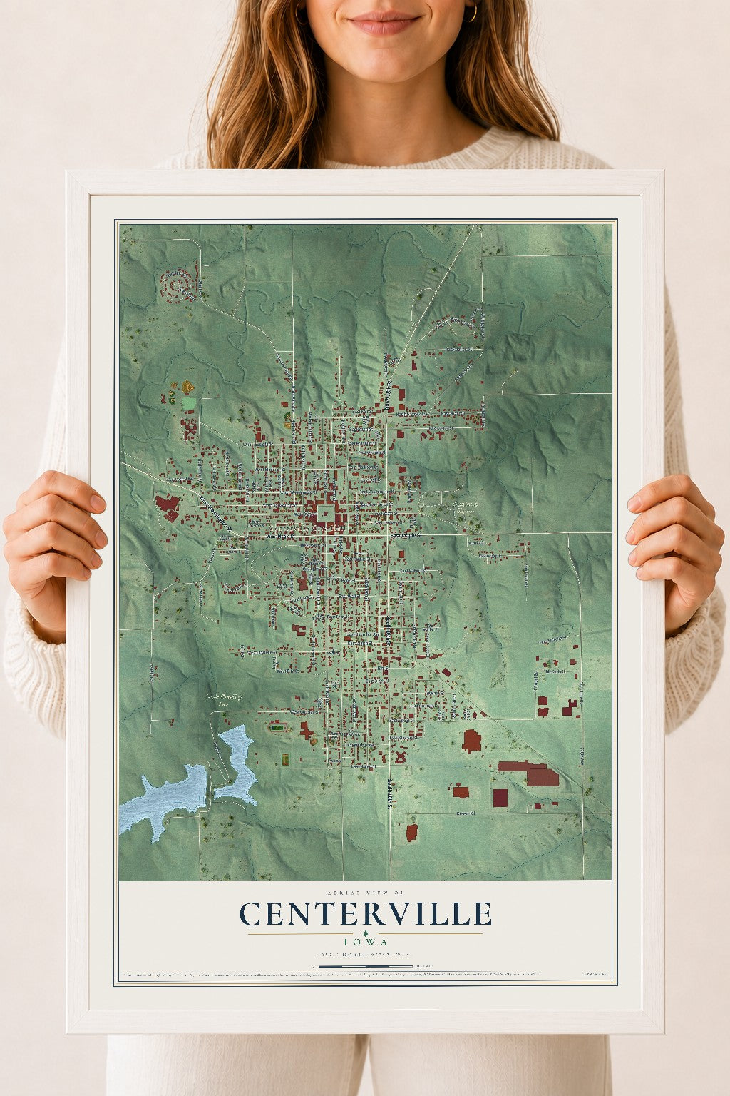 Map of Centerville, Iowa, 18 x 24 inch print in a white wood frame
