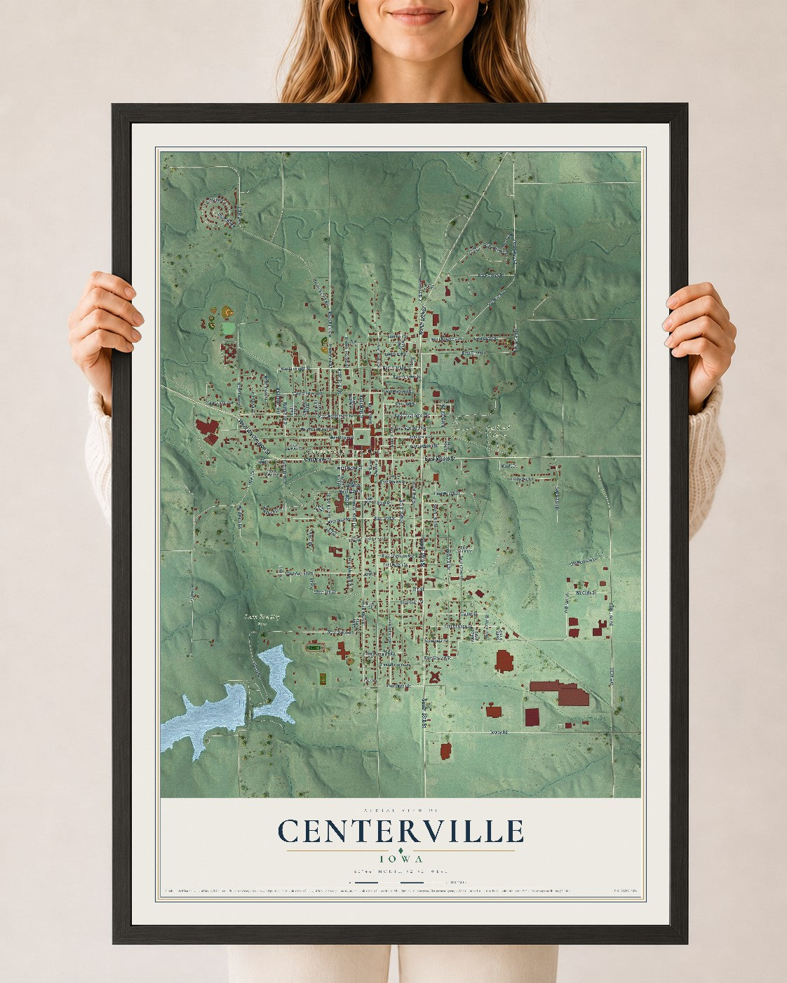 Map of Centerville, Iowa, 24 x 36 inch print in a black wood frame