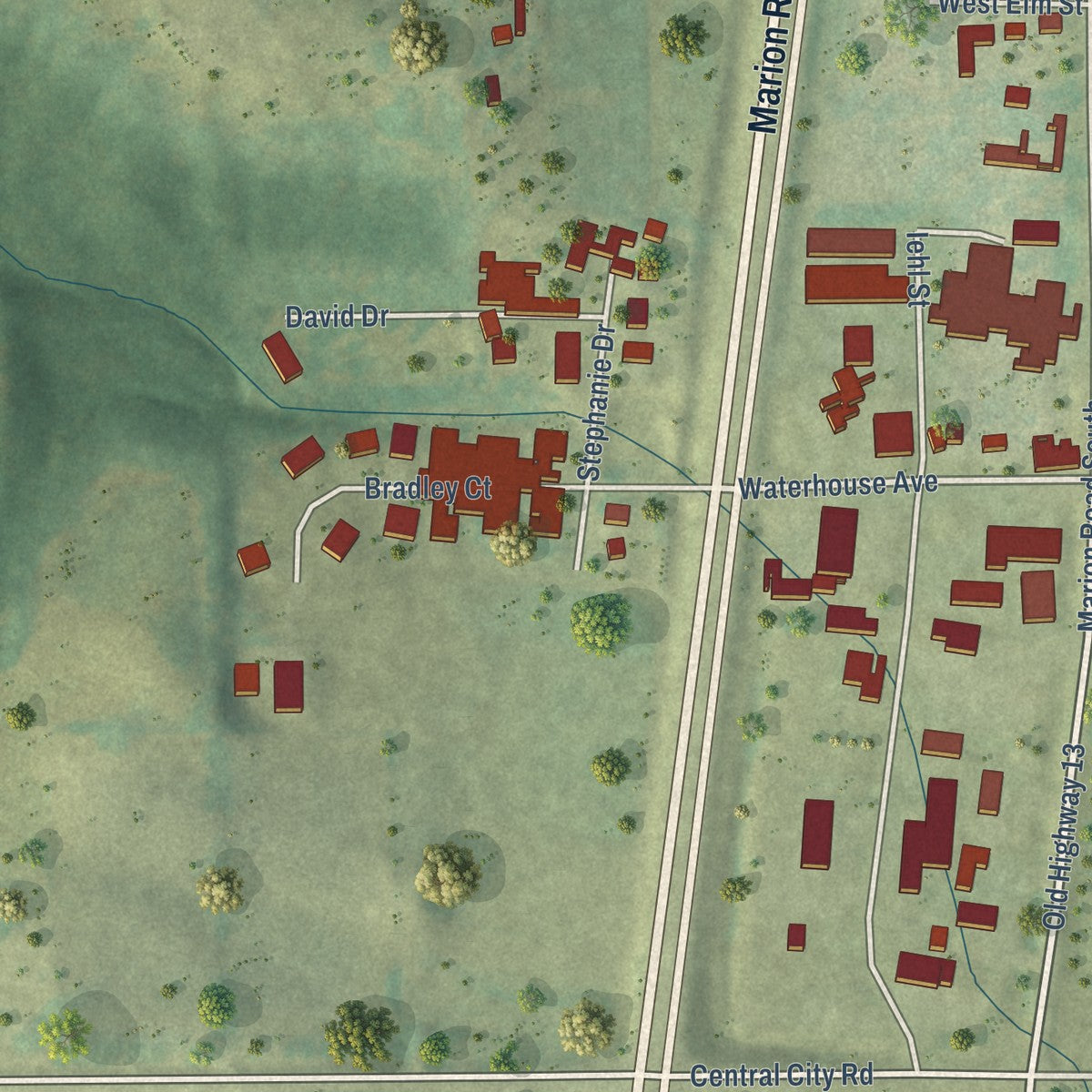 Second close-up of the map of Central City, Iowa print showing more streets and buildings