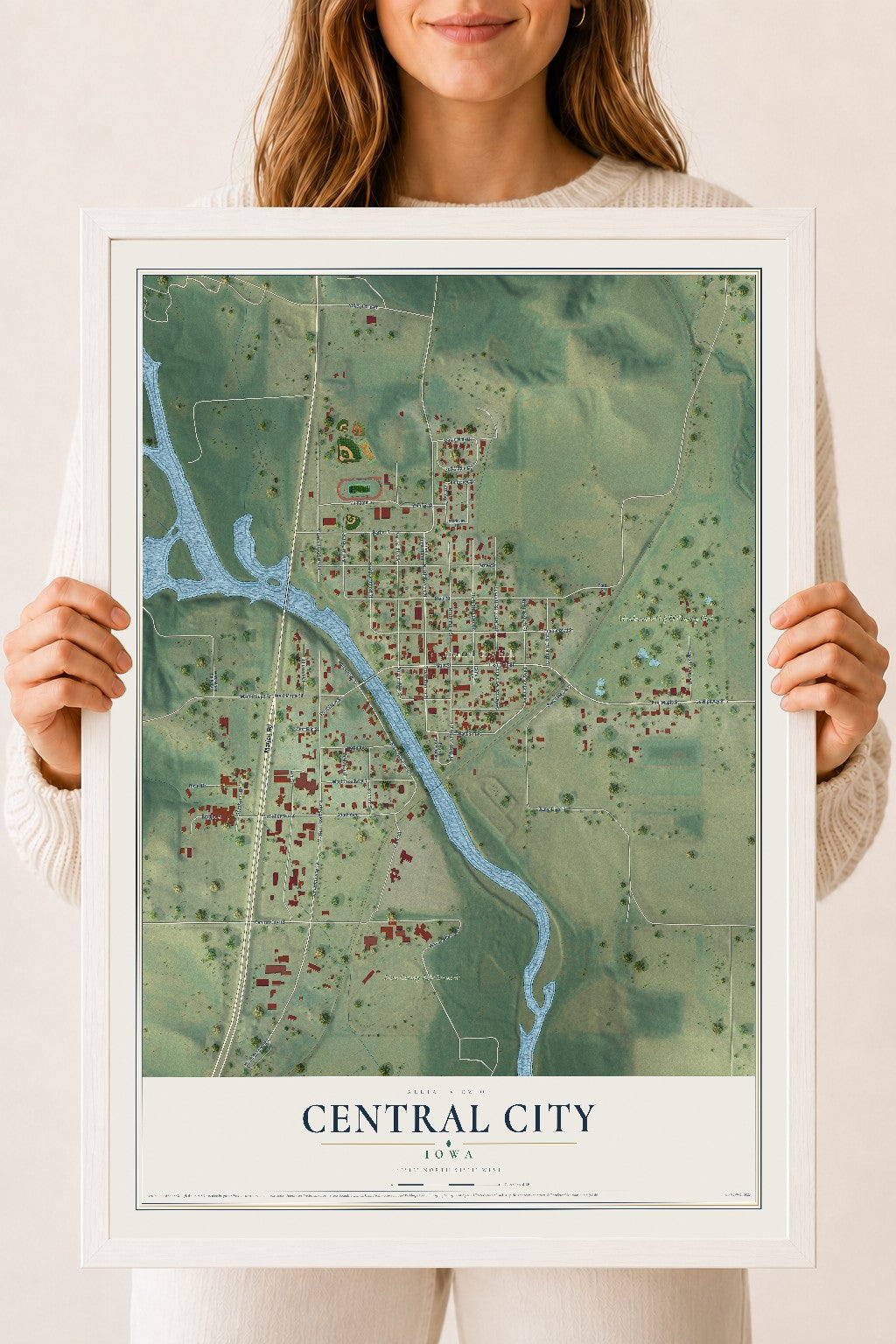 Map of Central City, Iowa, 18 x 24 inch print in a white wood frame