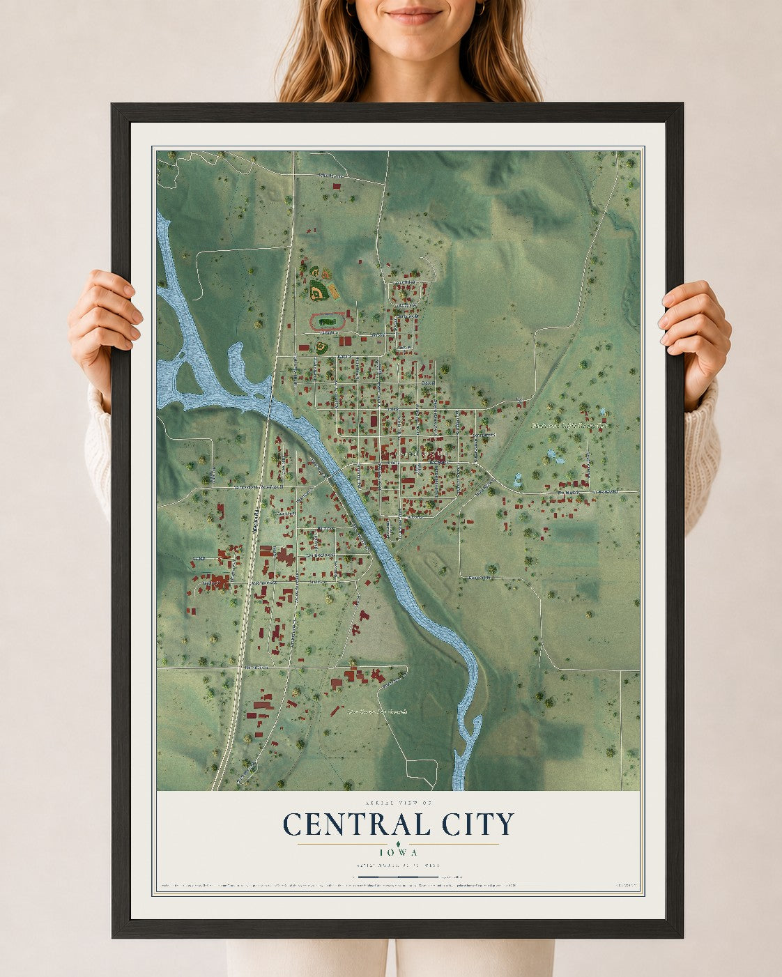 Map of Central City, Iowa, 24 x 36 inch print in a black wood frame