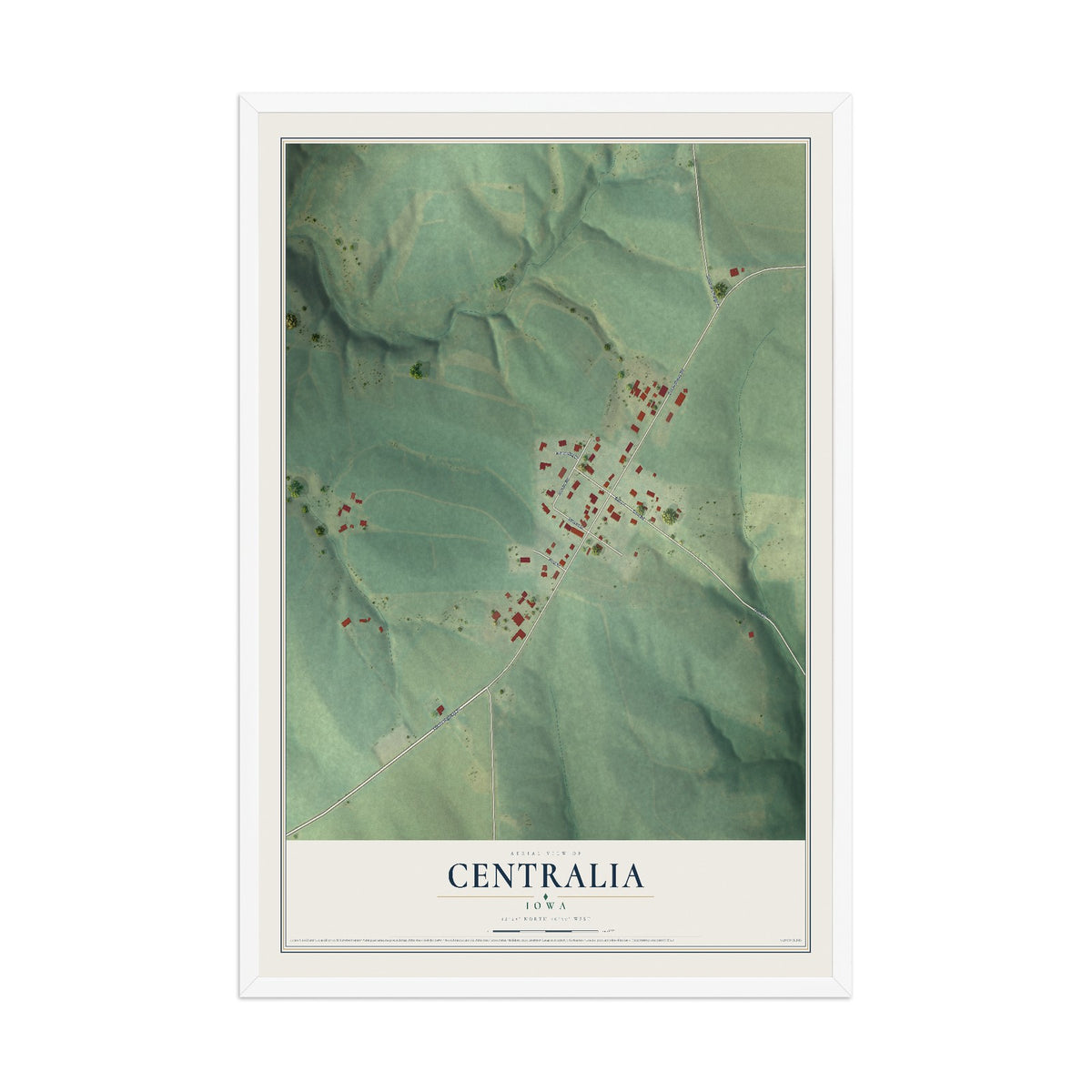 Map of Centralia, Iowa, 12 x 18 inch print in a white wood frame