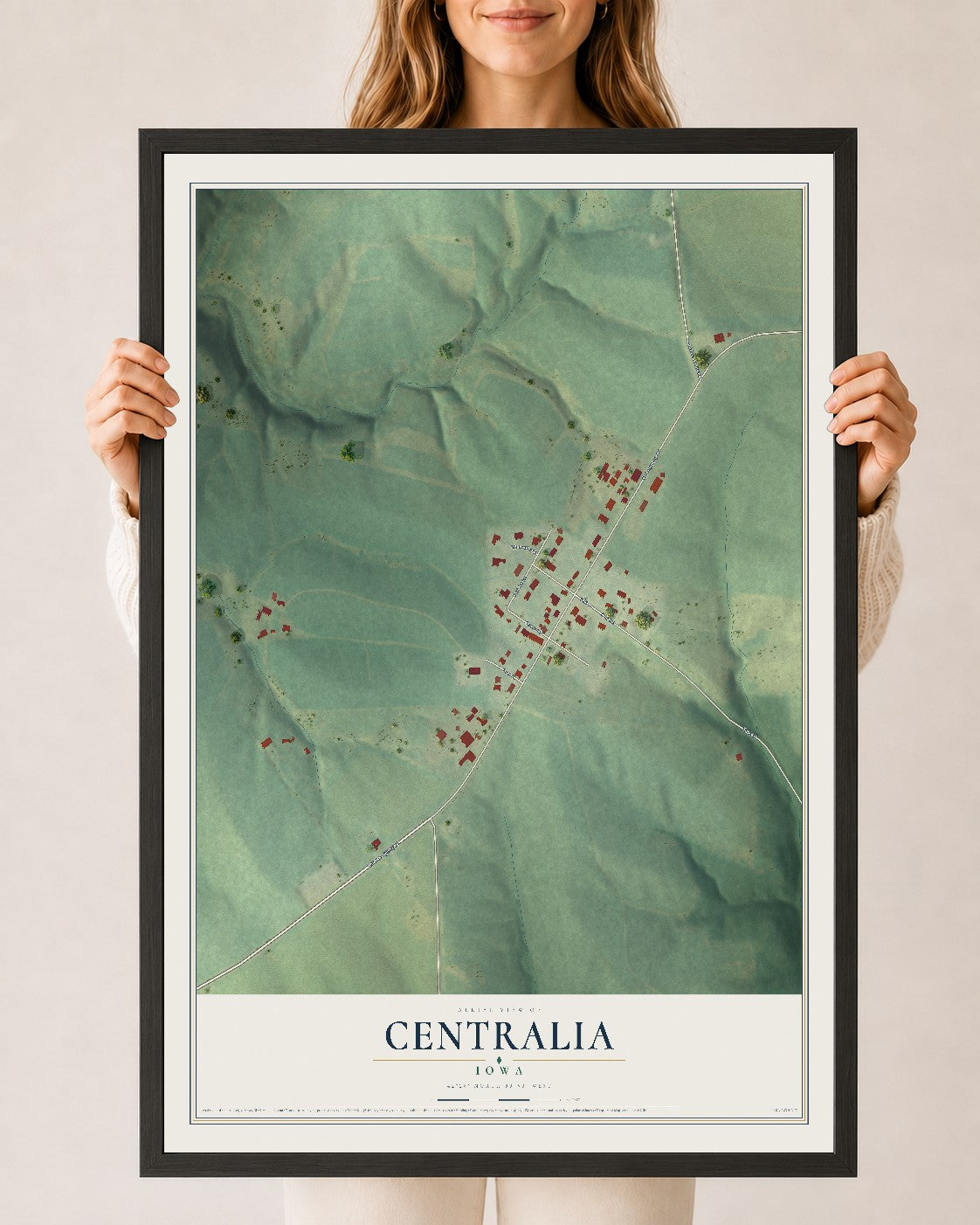 Map of Centralia, Iowa, 24 x 36 inch print in a black wood frame