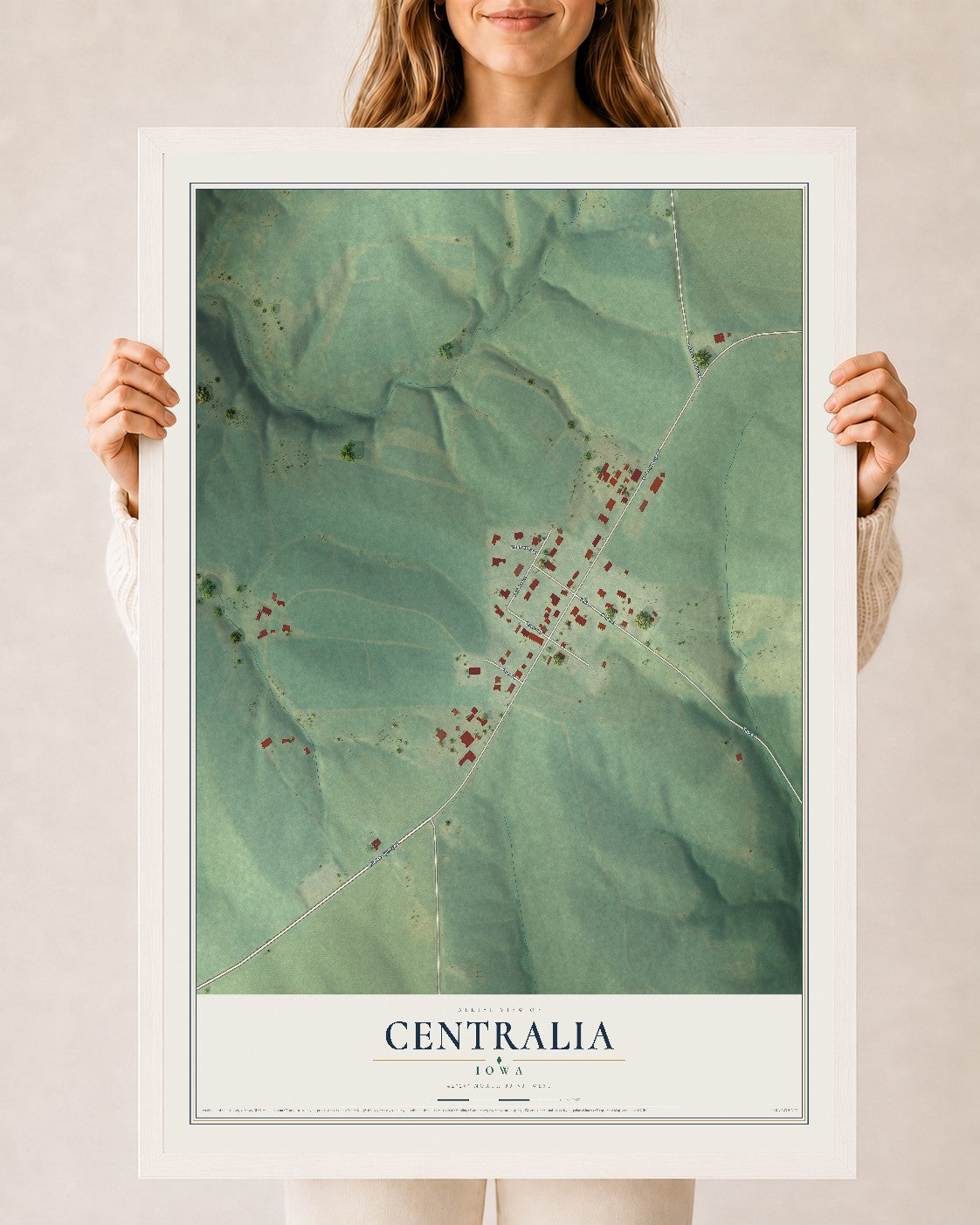 Map of Centralia, Iowa, 24 x 36 inch print in a white wood frame