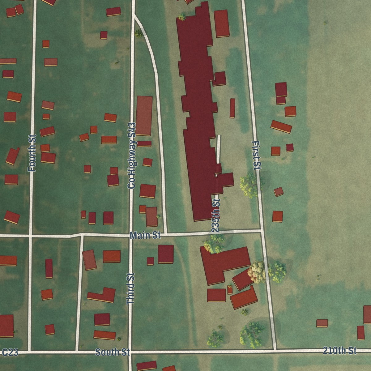 Close-up of the map of Chapin, Iowa print showing street and building detail