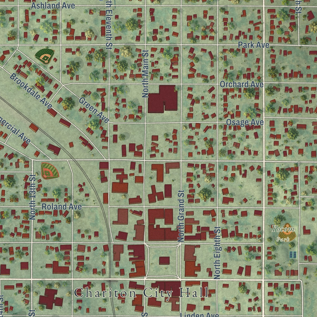Close-up of the map of Chariton, Iowa print showing street and building detail
