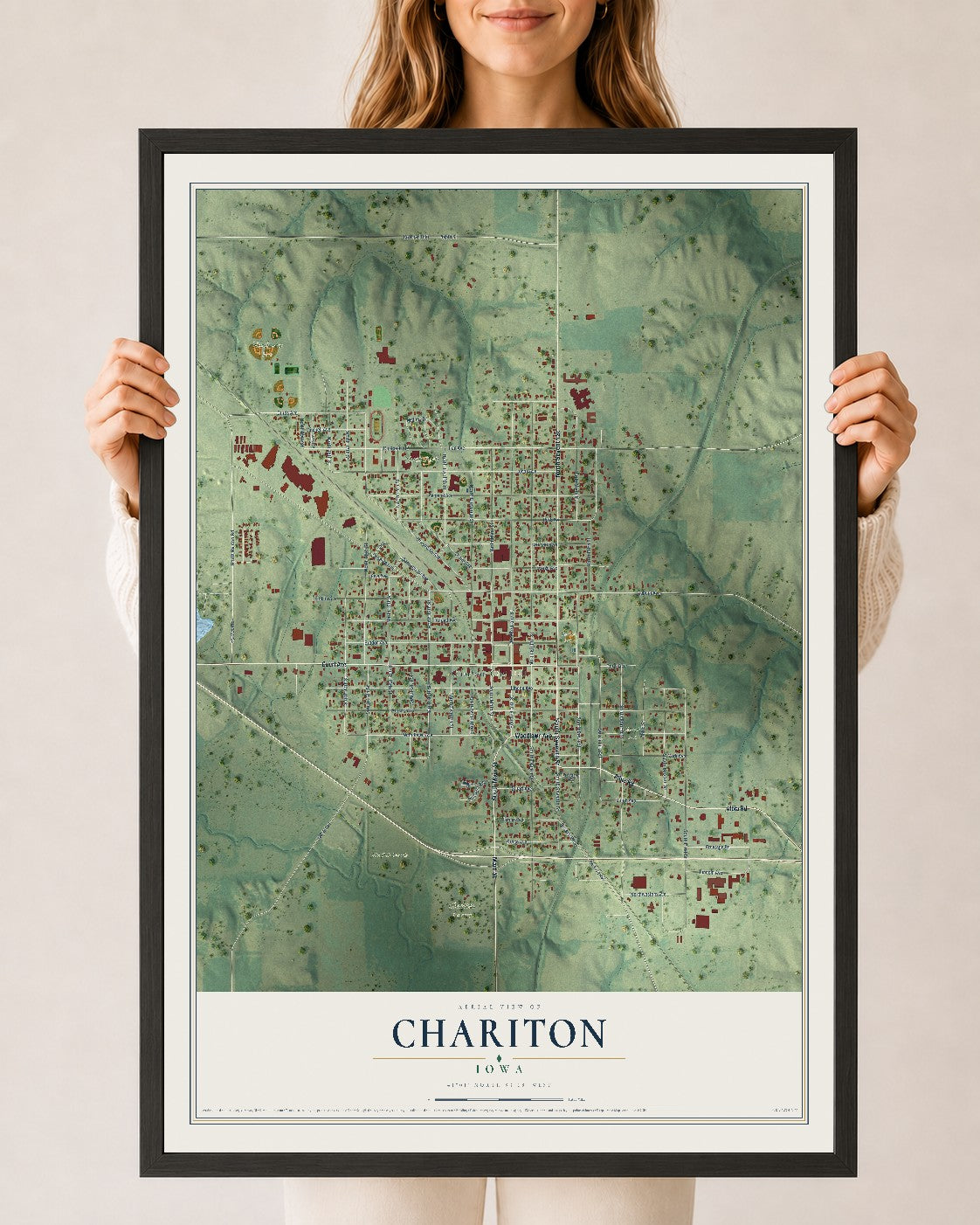 Map of Chariton, Iowa, 24 x 36 inch print in a black wood frame