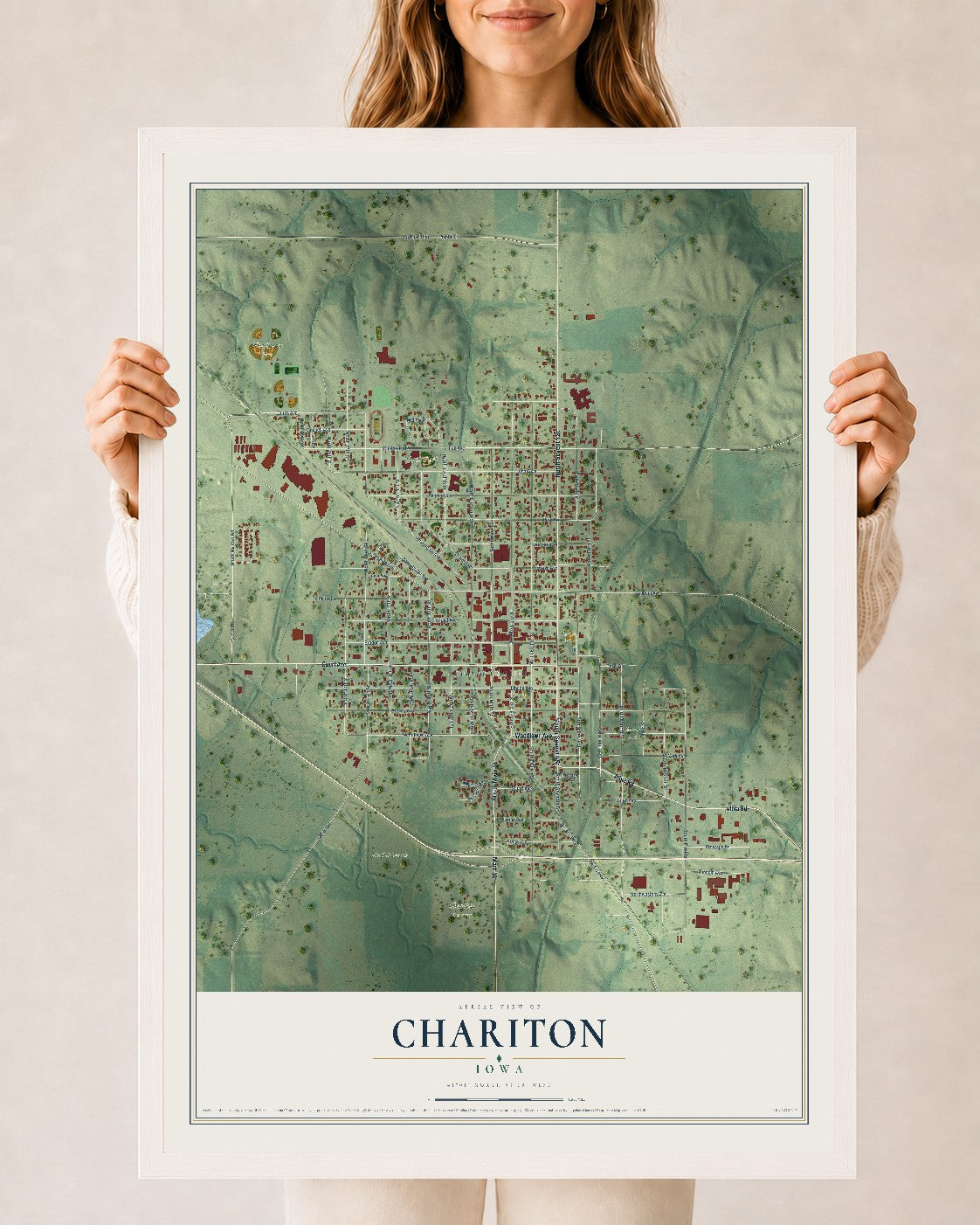Map of Chariton, Iowa, 24 x 36 inch print in a white wood frame