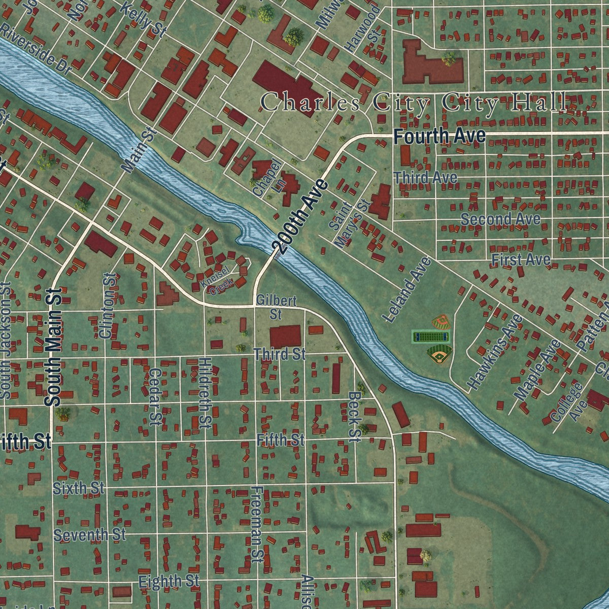 Close-up of the map of Charles City, Iowa print showing street and building detail
