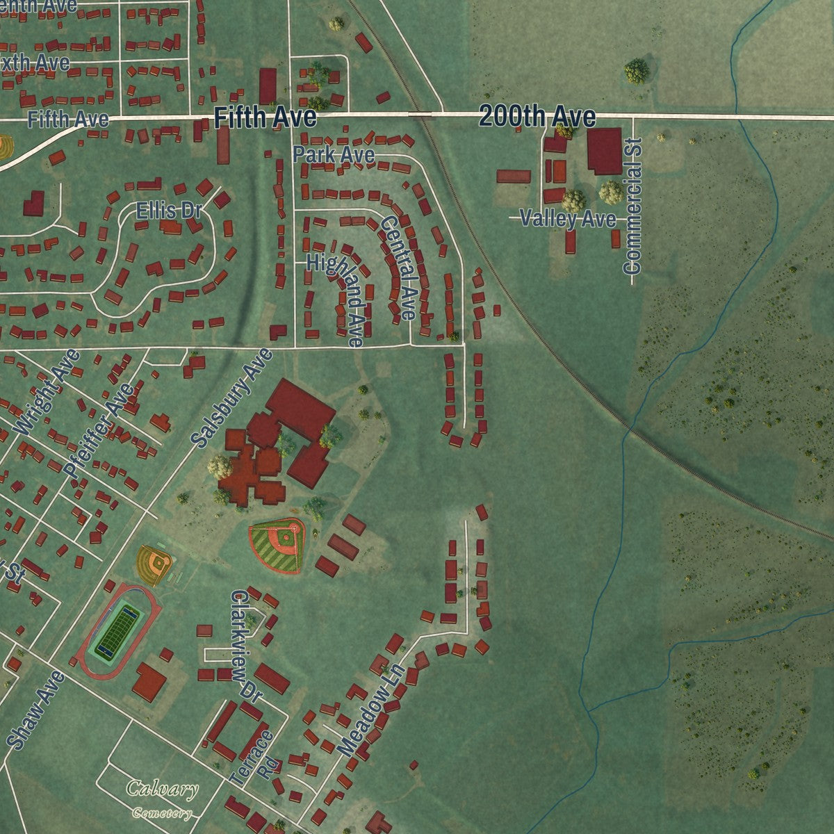 Second close-up of the map of Charles City, Iowa print showing more streets and buildings