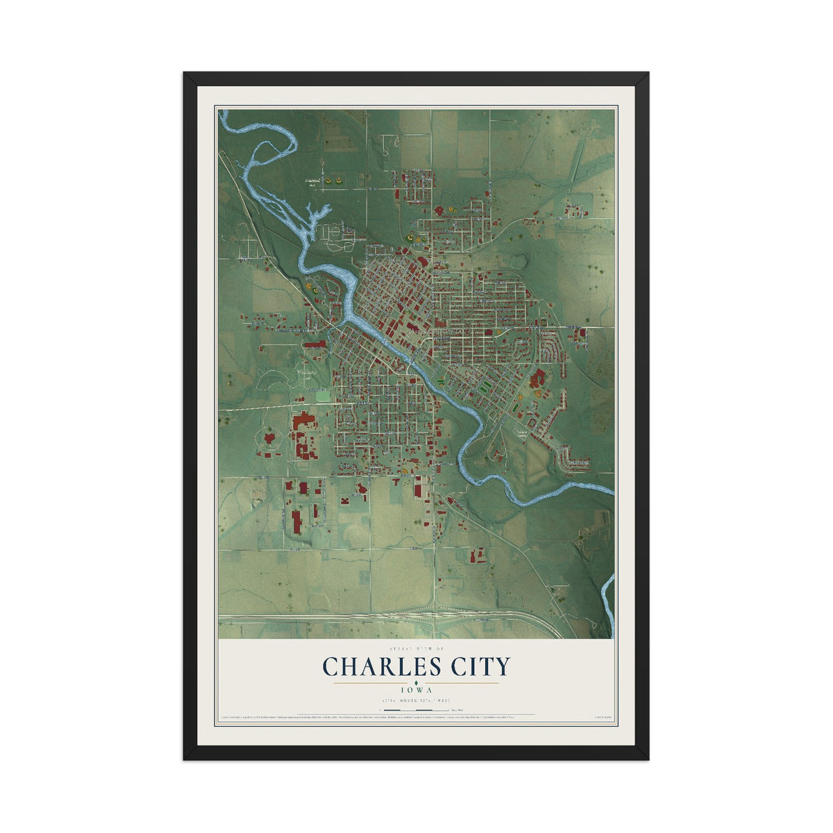 Map of Charles City, Iowa, 12 x 18 inch print in a black wood frame