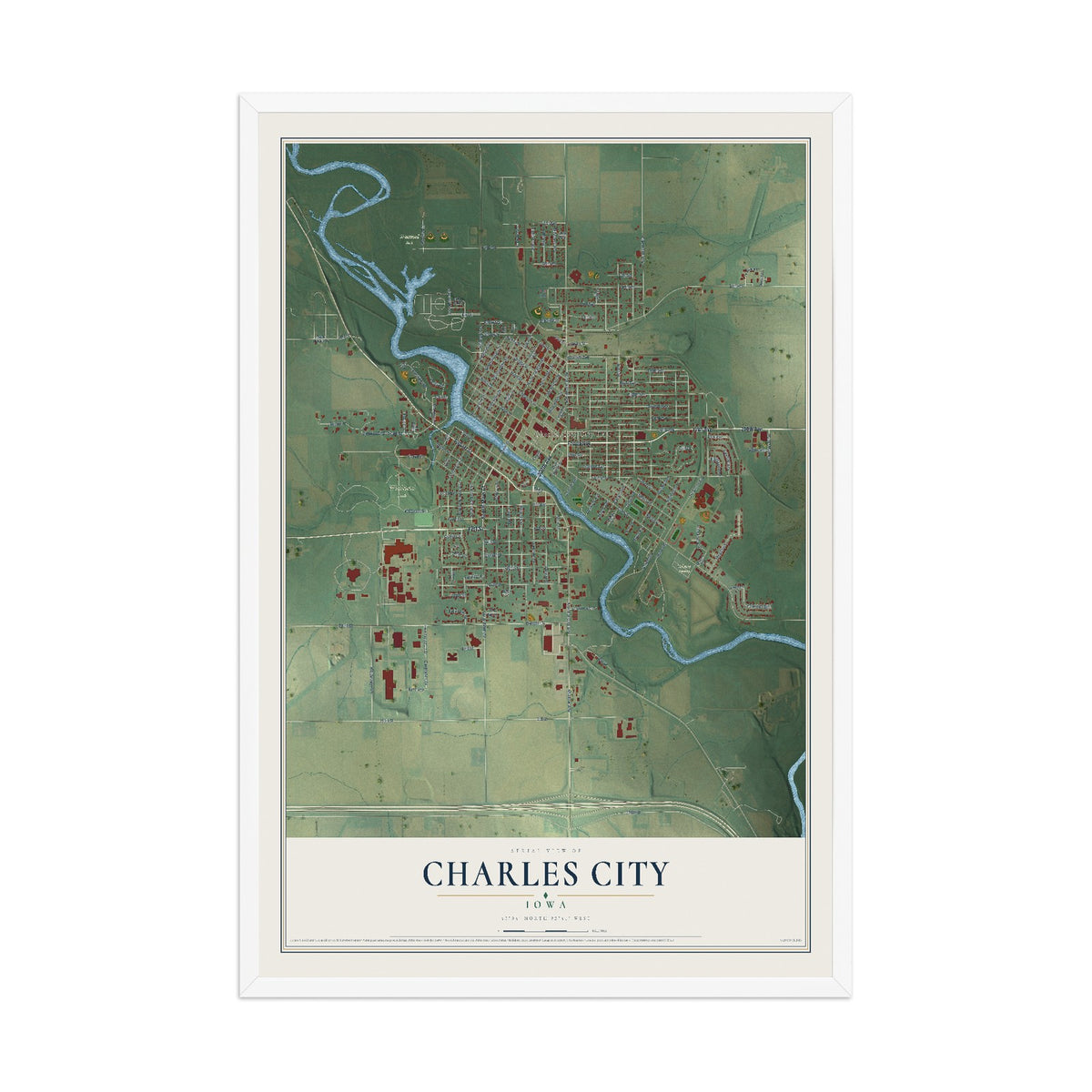 Map of Charles City, Iowa, 12 x 18 inch print in a white wood frame