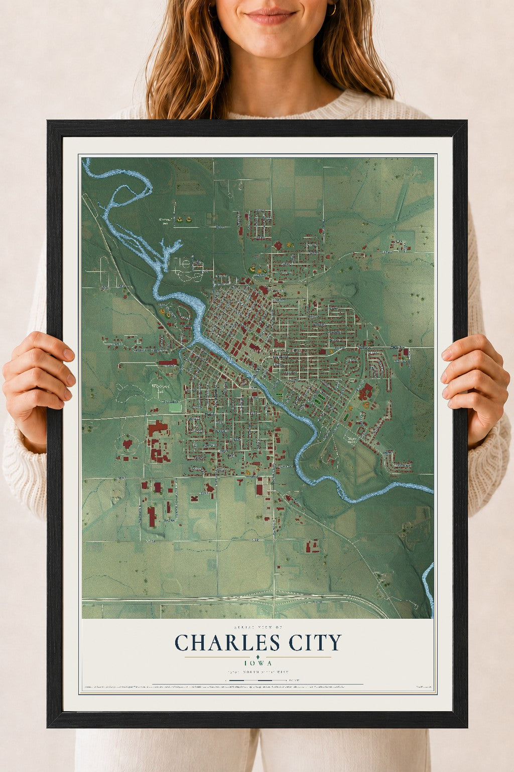 Map of Charles City, Iowa, 18 x 24 inch print in a black wood frame