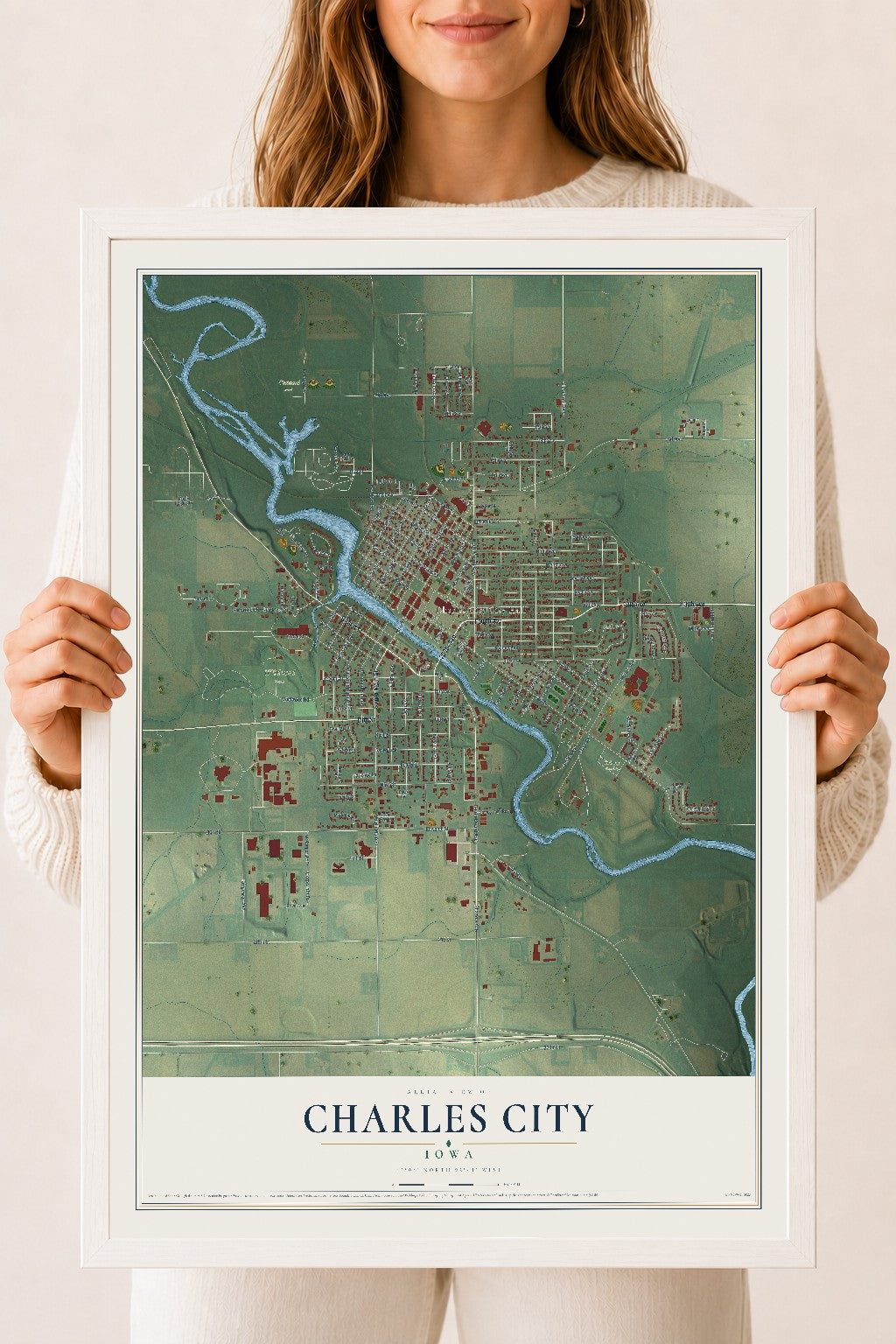Map of Charles City, Iowa, 18 x 24 inch print in a white wood frame