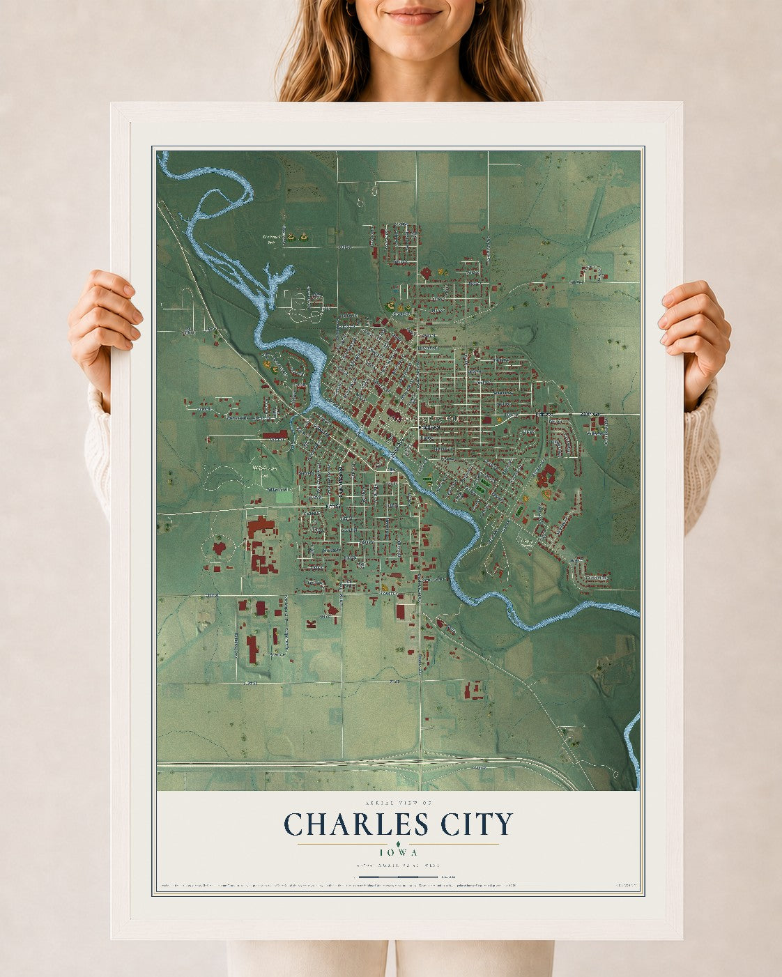 Map of Charles City, Iowa, 24 x 36 inch print in a white wood frame