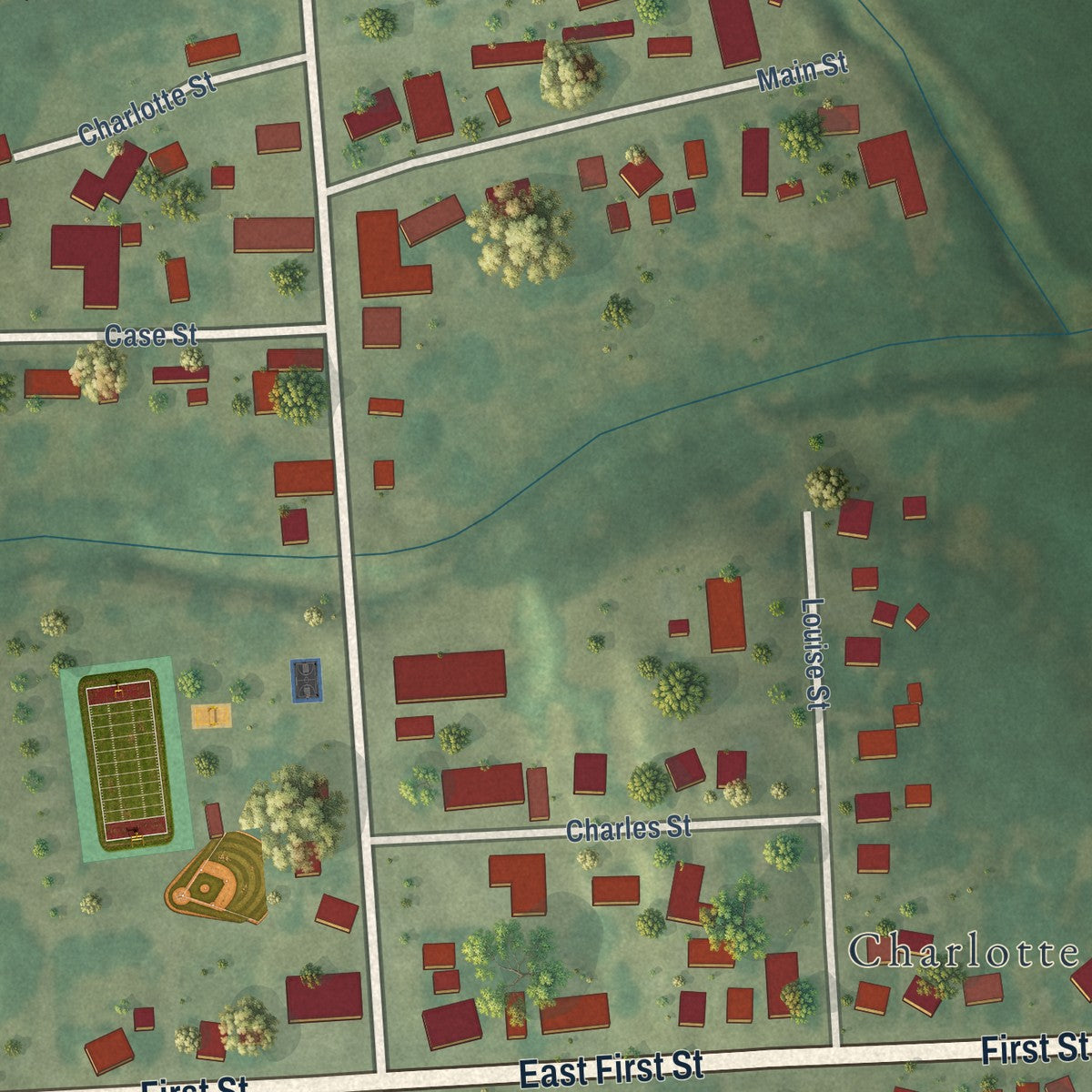 Close-up of the map of Charlotte, Iowa print showing street and building detail