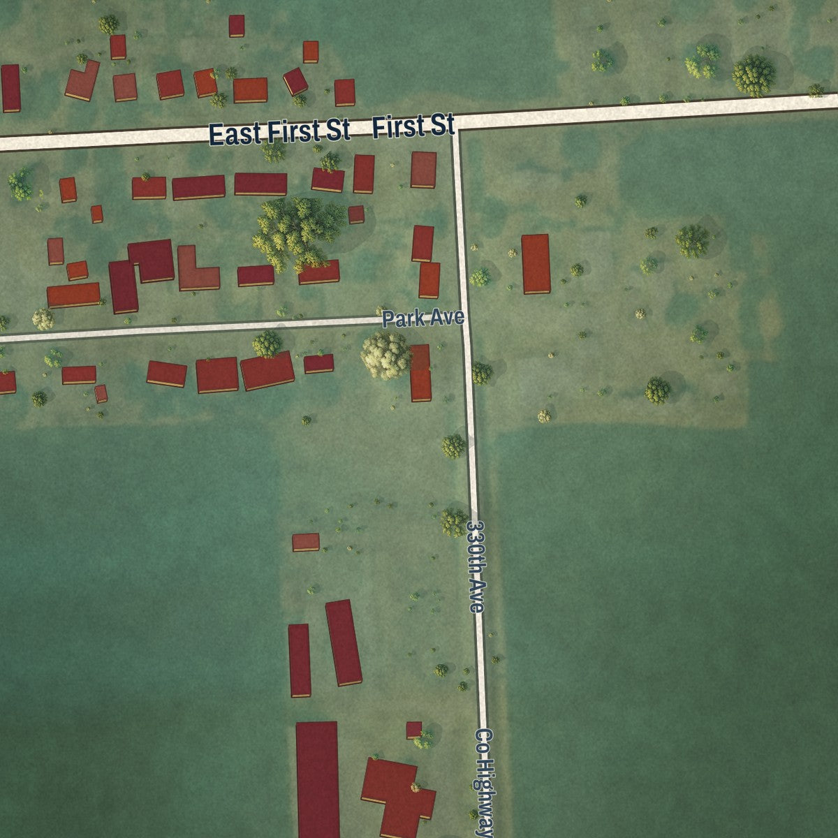 Second close-up of the map of Charlotte, Iowa print showing more streets and buildings