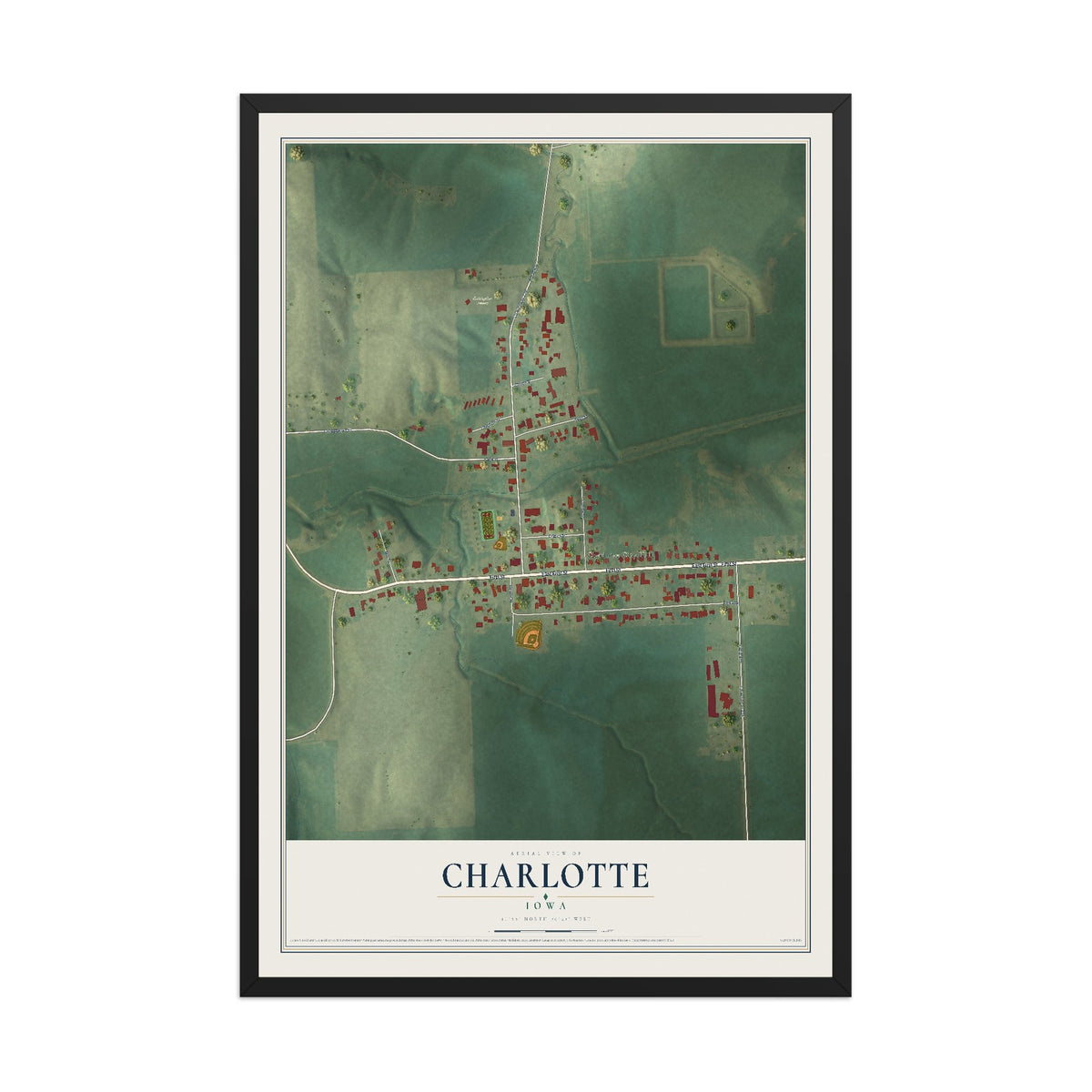 Map of Charlotte, Iowa, 12 x 18 inch print in a black wood frame