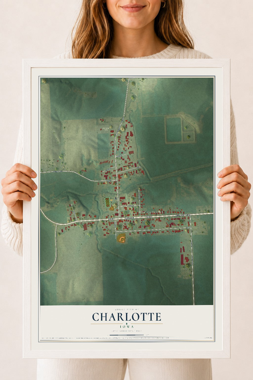 Map of Charlotte, Iowa, 18 x 24 inch print in a white wood frame