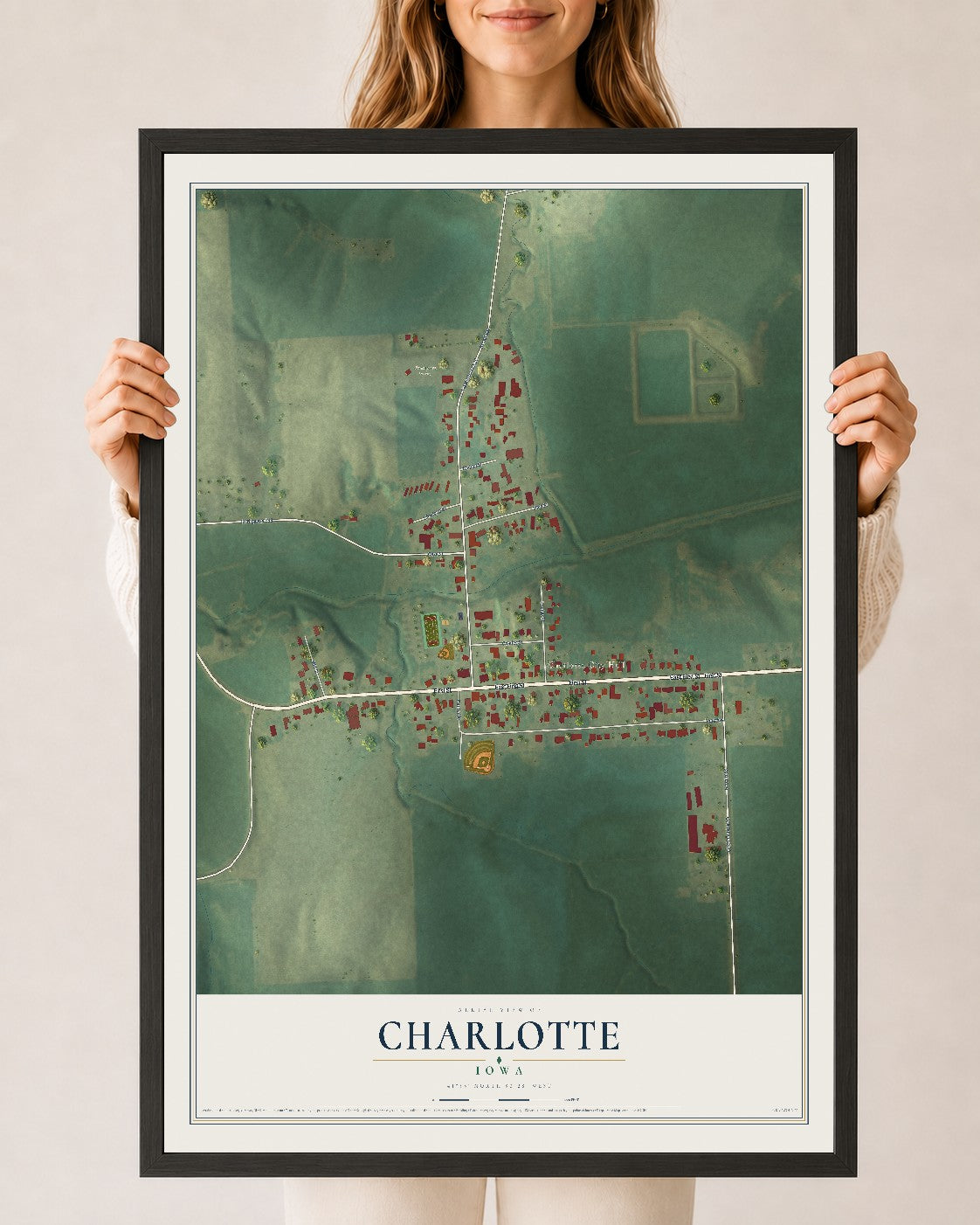 Map of Charlotte, Iowa, 24 x 36 inch print in a black wood frame