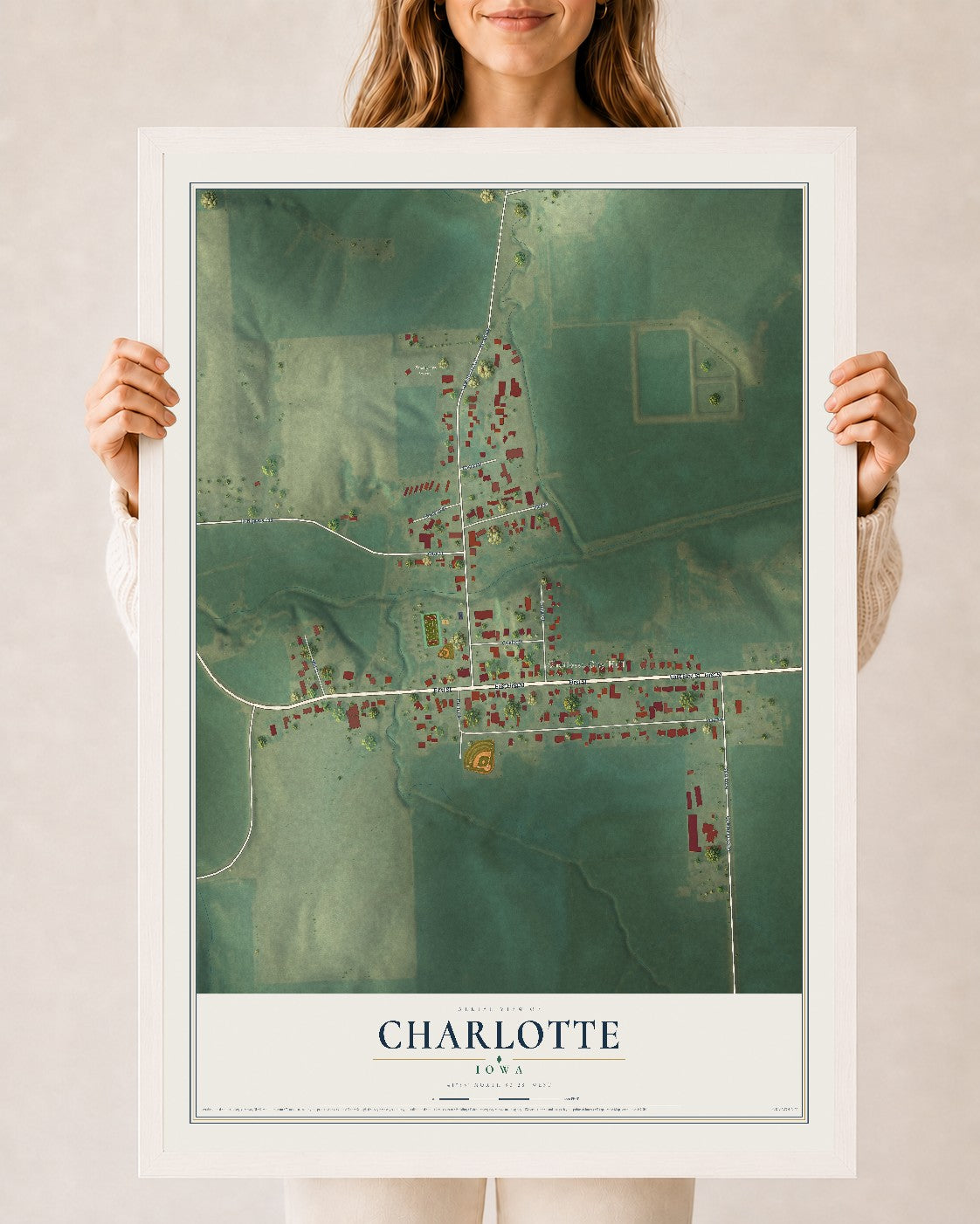 Map of Charlotte, Iowa, 24 x 36 inch print in a white wood frame