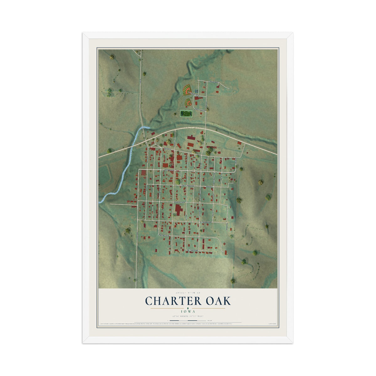 Map of Charter Oak, Iowa, 12 x 18 inch print in a white wood frame