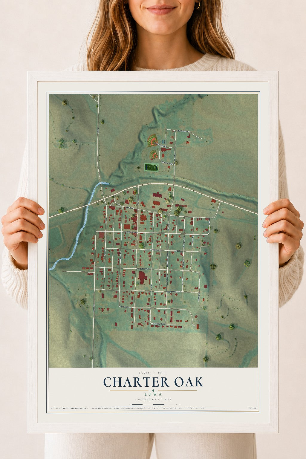 Map of Charter Oak, Iowa, 18 x 24 inch print in a white wood frame