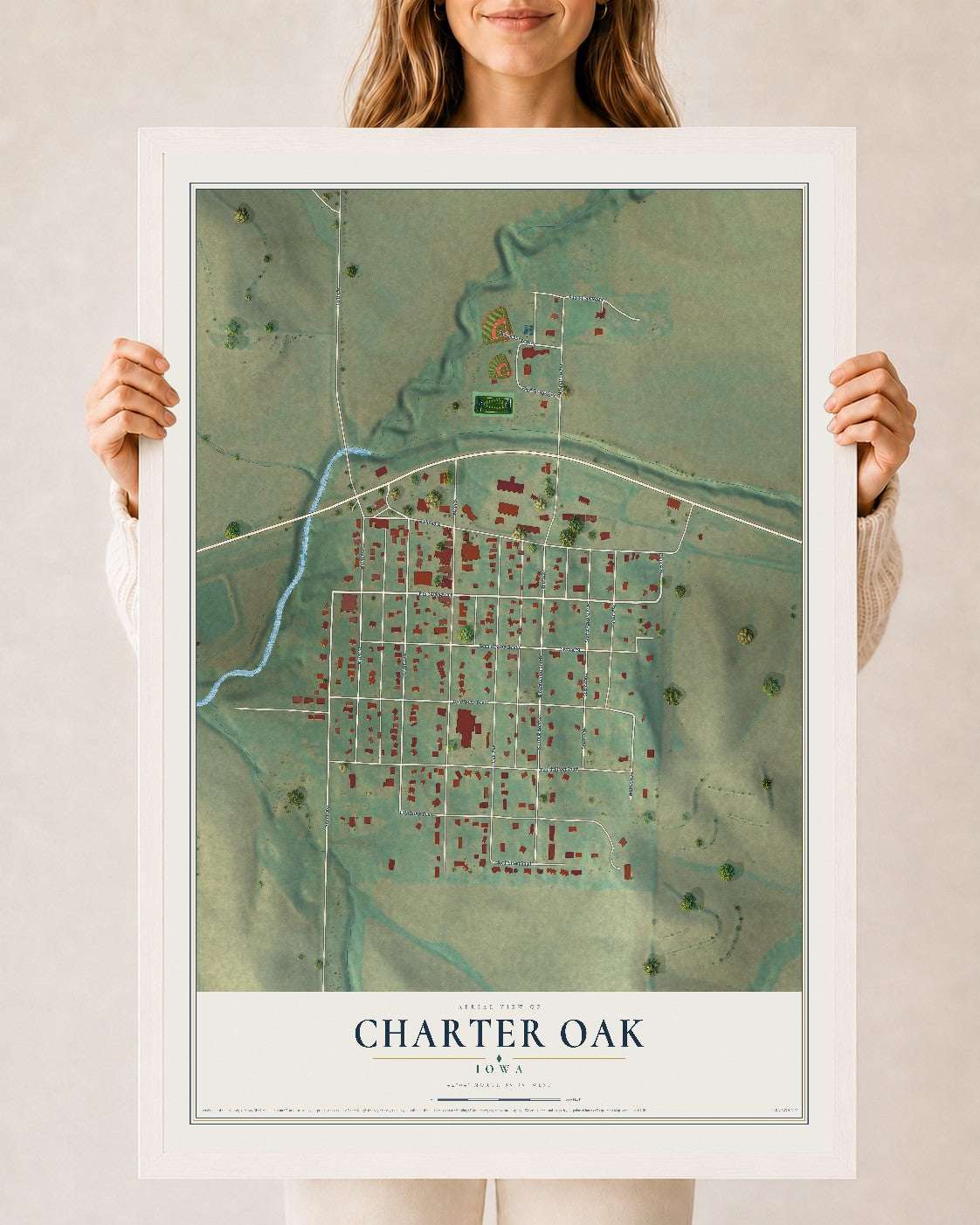 Map of Charter Oak, Iowa, 24 x 36 inch print in a white wood frame