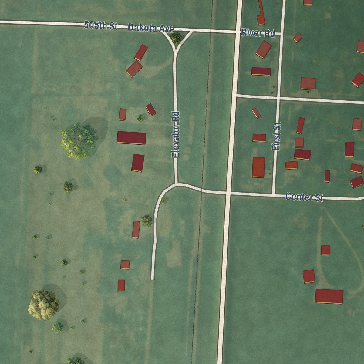 Close-up of the map of Chatsworth, Iowa print showing street and building detail
