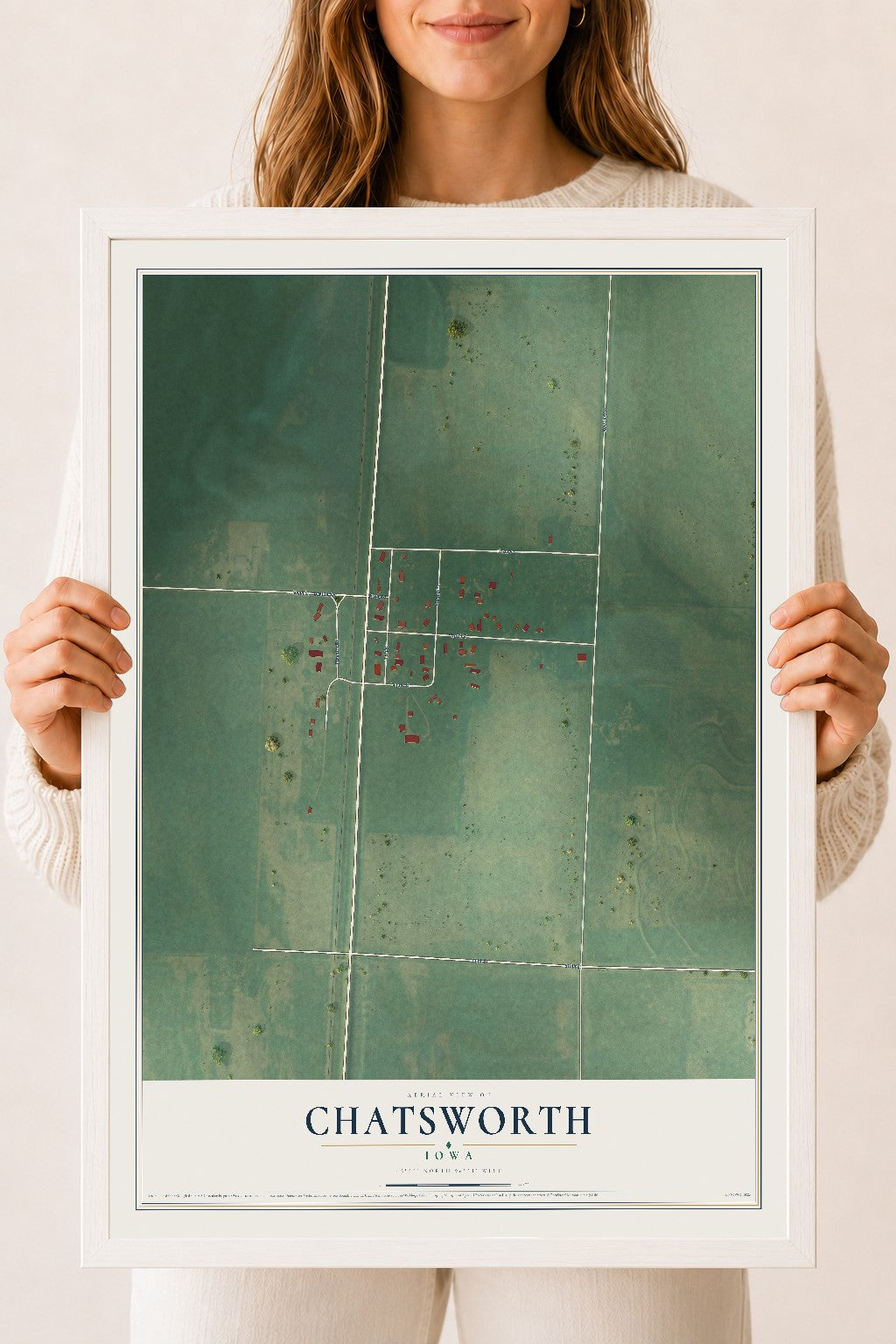Map of Chatsworth, Iowa, 18 x 24 inch print in a white wood frame