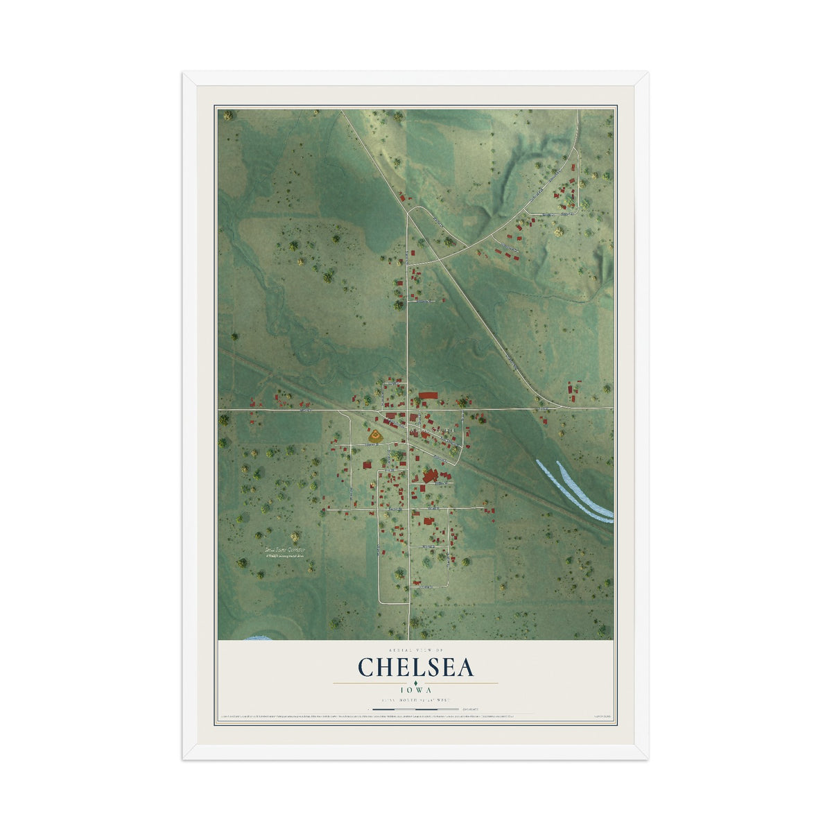 Map of Chelsea, Iowa, 12 x 18 inch print in a white wood frame