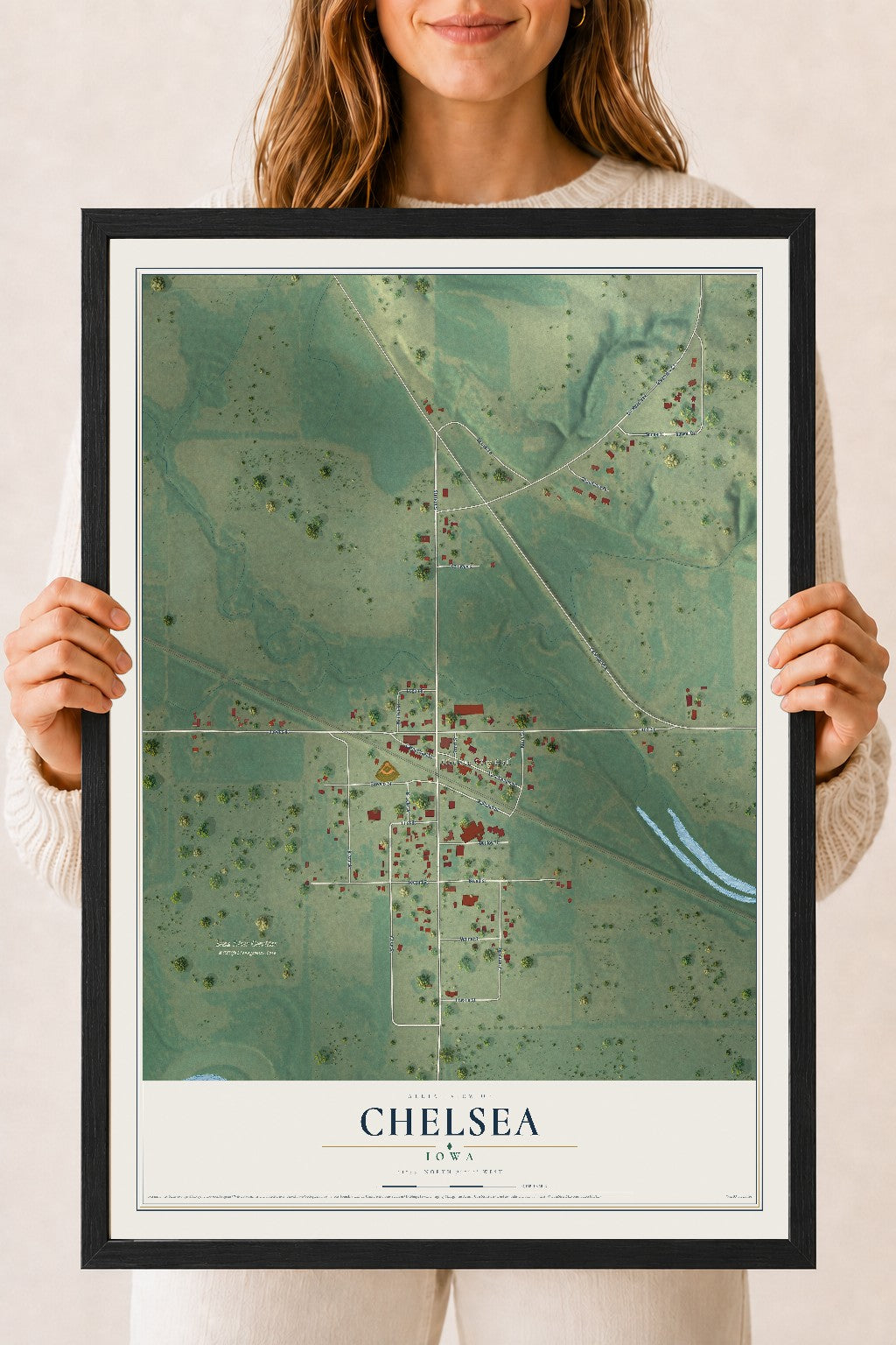 Map of Chelsea, Iowa, 18 x 24 inch print in a black wood frame