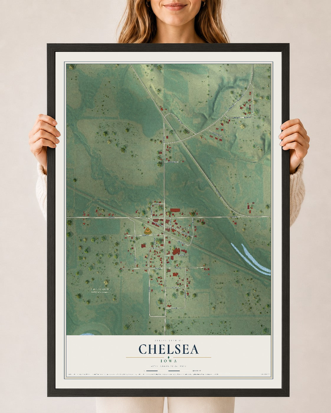 Map of Chelsea, Iowa, 24 x 36 inch print in a black wood frame