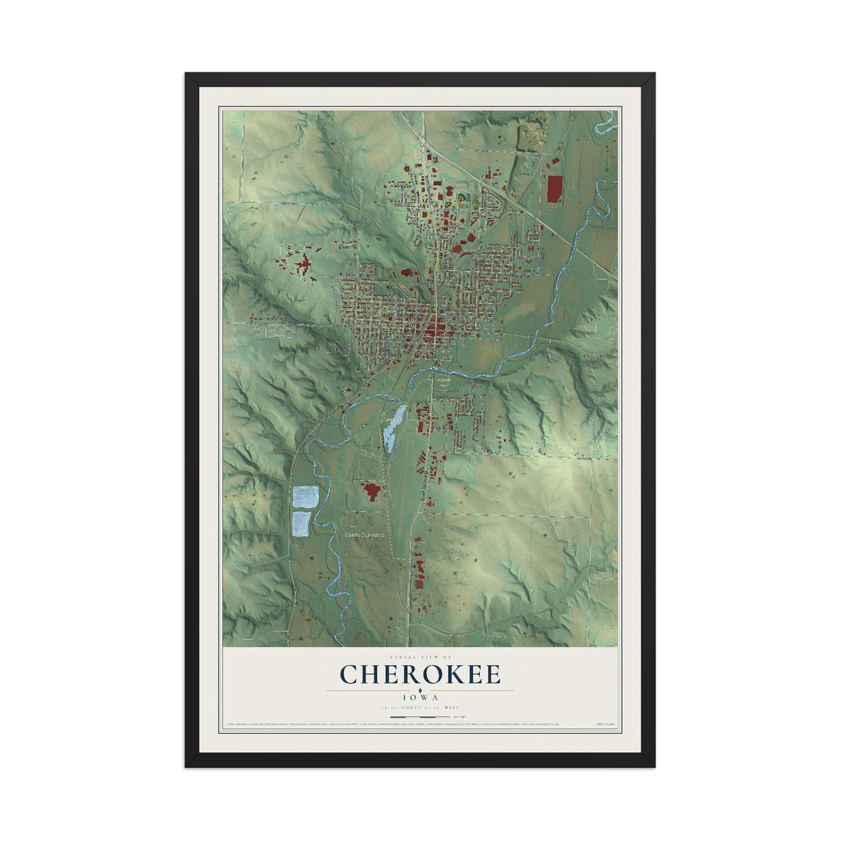 Map of Cherokee, Iowa, 12 x 18 inch print in a black wood frame