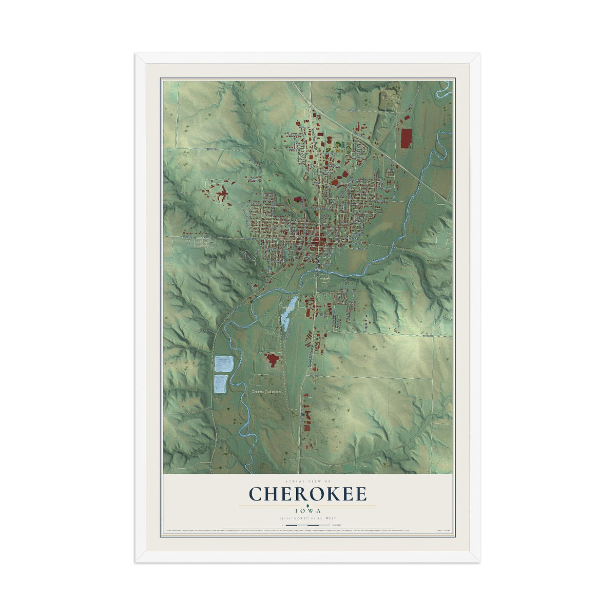 Map of Cherokee, Iowa, 12 x 18 inch print in a white wood frame