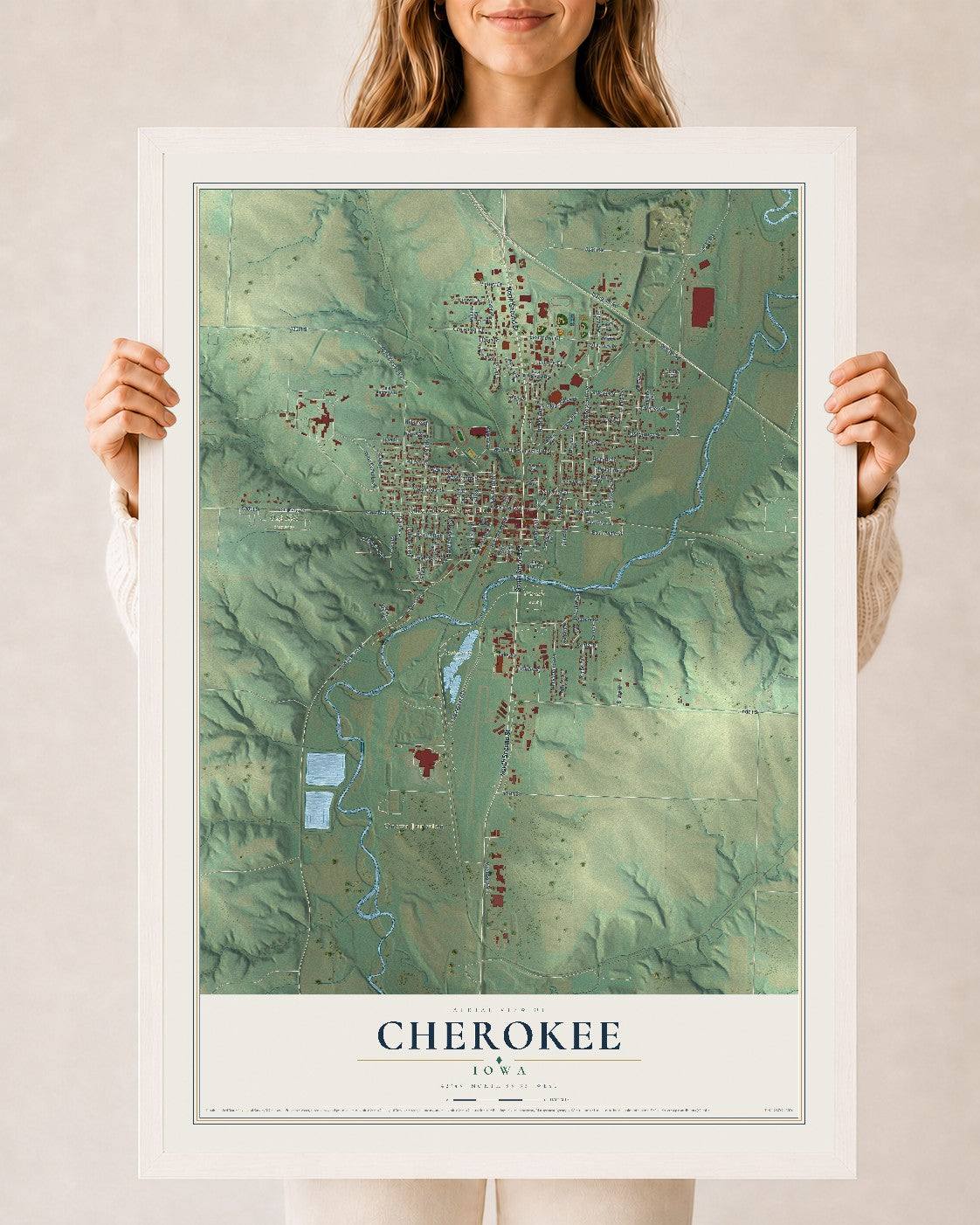 Map of Cherokee, Iowa, 24 x 36 inch print in a white wood frame