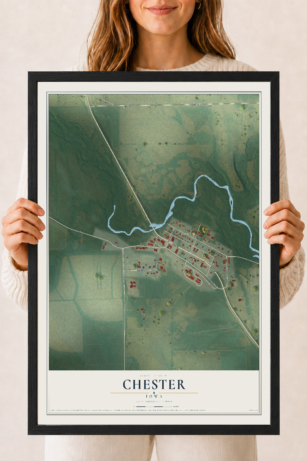 Map of Chester, Iowa, 18 x 24 inch print in a black wood frame