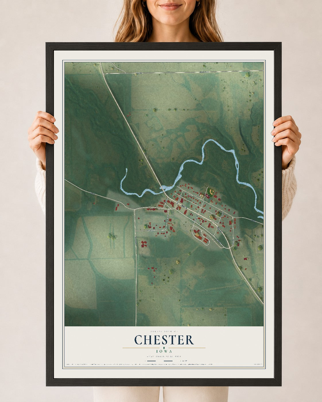 Map of Chester, Iowa, 24 x 36 inch print in a black wood frame