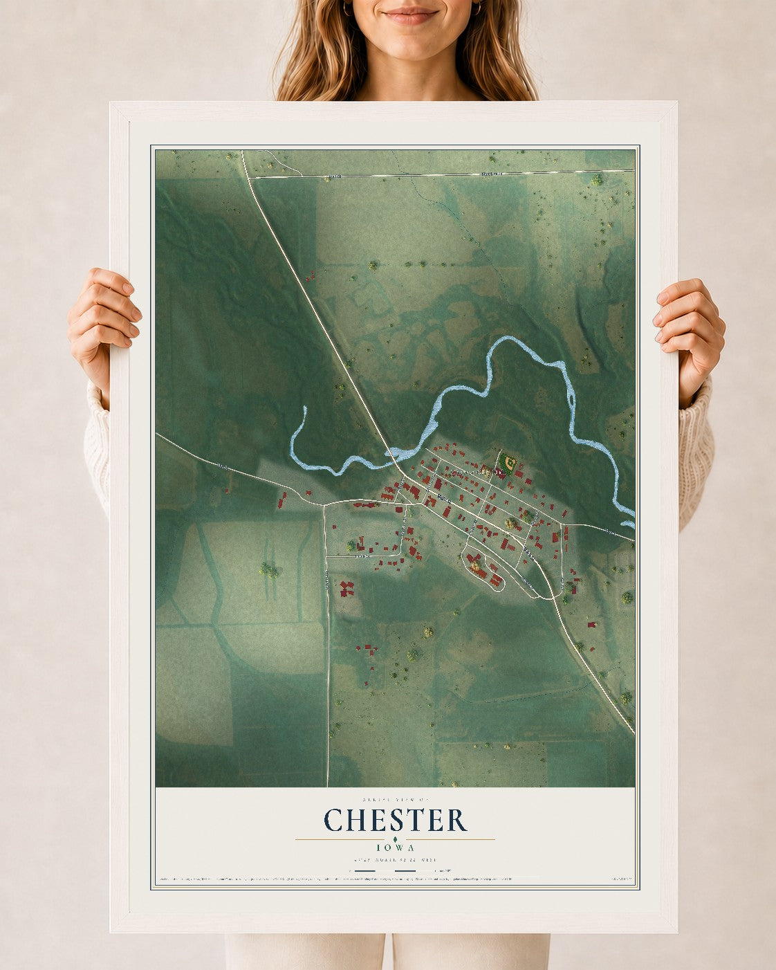 Map of Chester, Iowa, 24 x 36 inch print in a white wood frame
