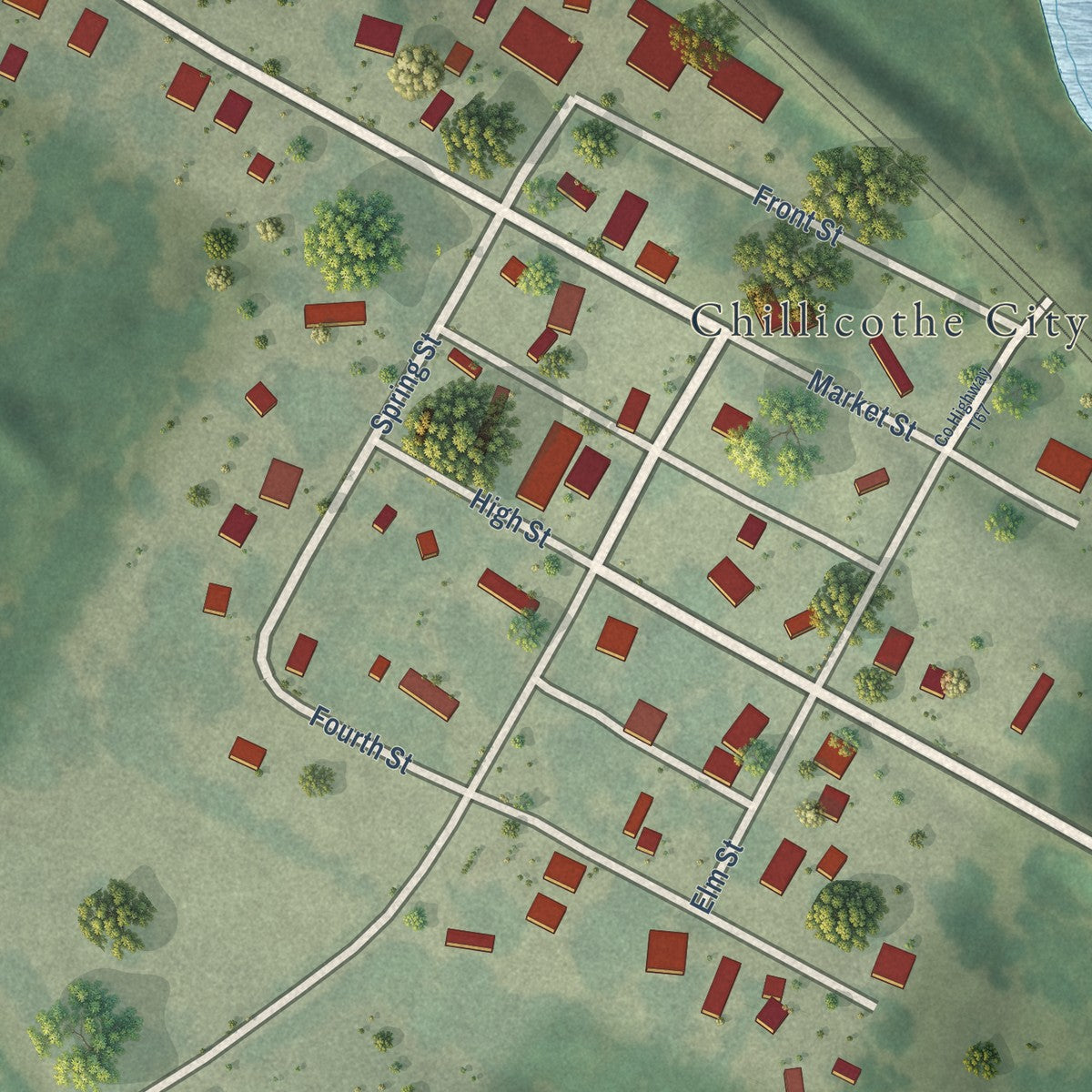 Close-up of the map of Chillicothe, Iowa print showing street and building detail