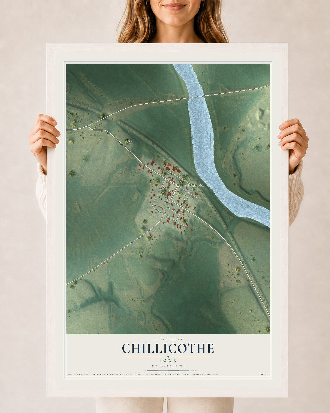 Map of Chillicothe, Iowa, 24 x 36 inch print in a white wood frame