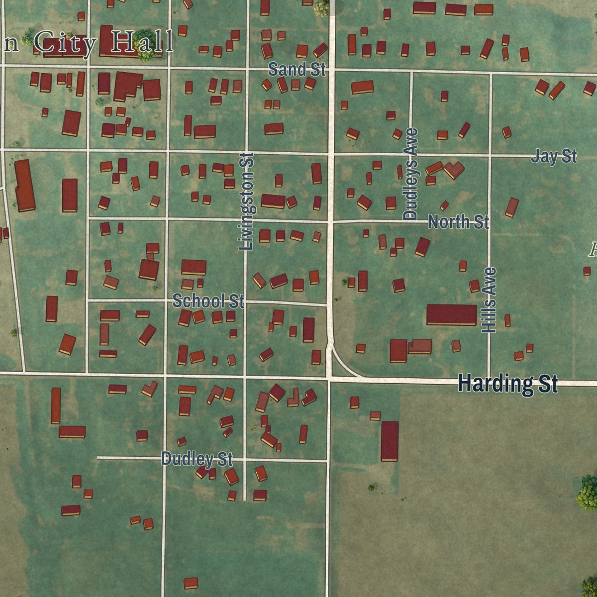 Close-up of the map of Churdan, Iowa print showing street and building detail