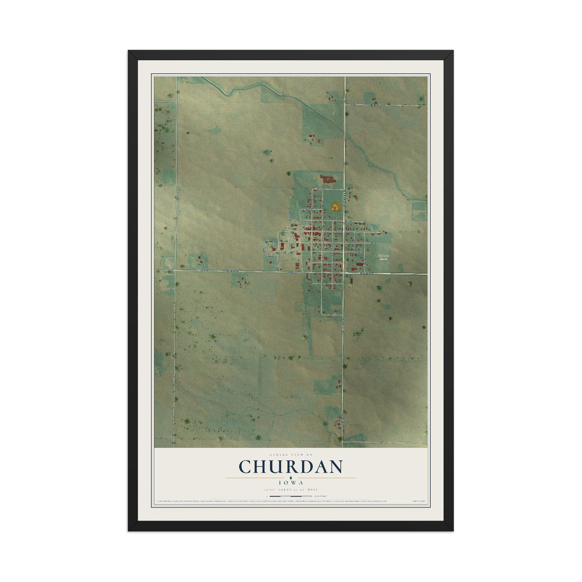 Map of Churdan, Iowa, 12 x 18 inch print in a black wood frame