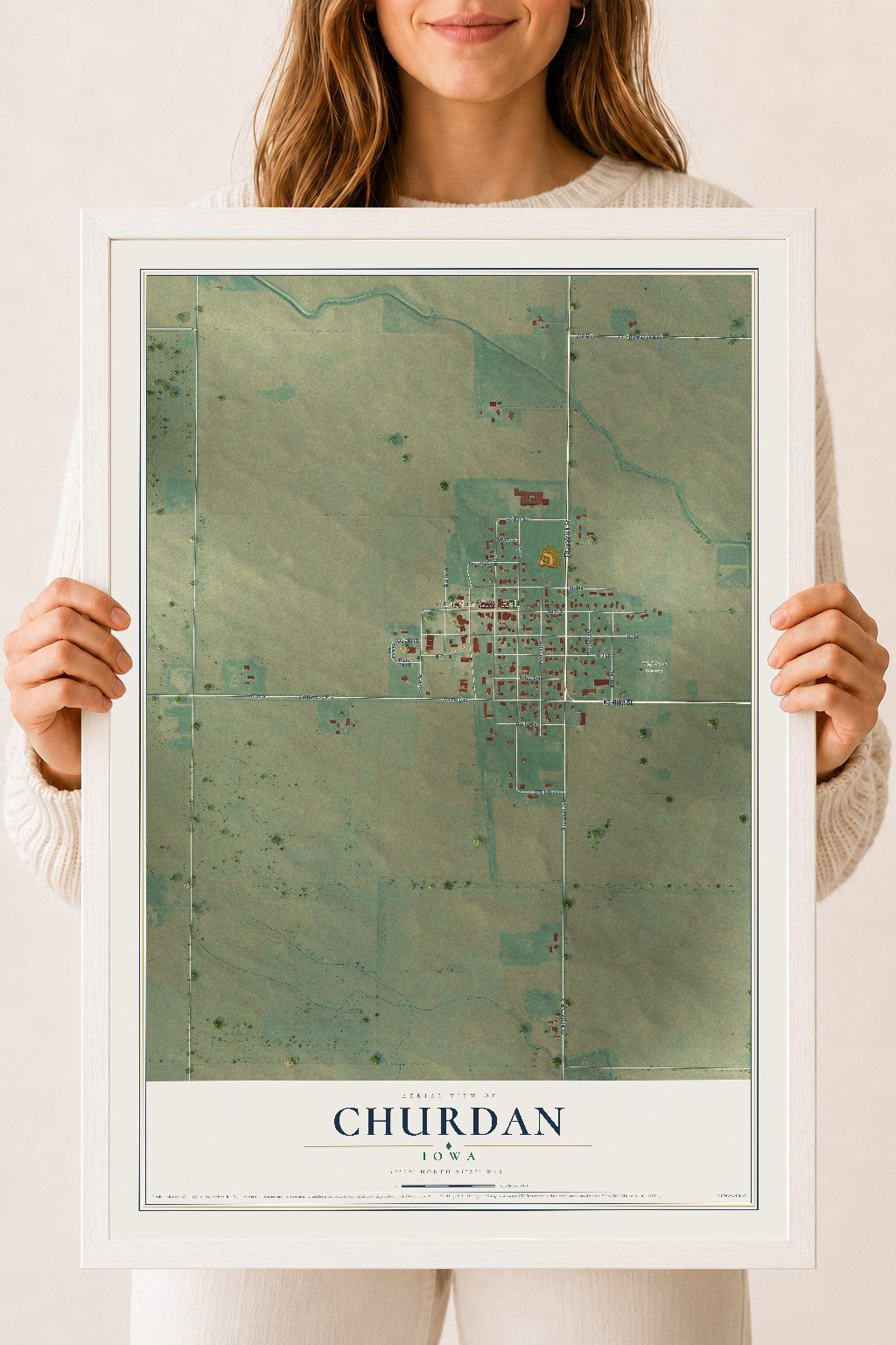 Map of Churdan, Iowa, 18 x 24 inch print in a white wood frame